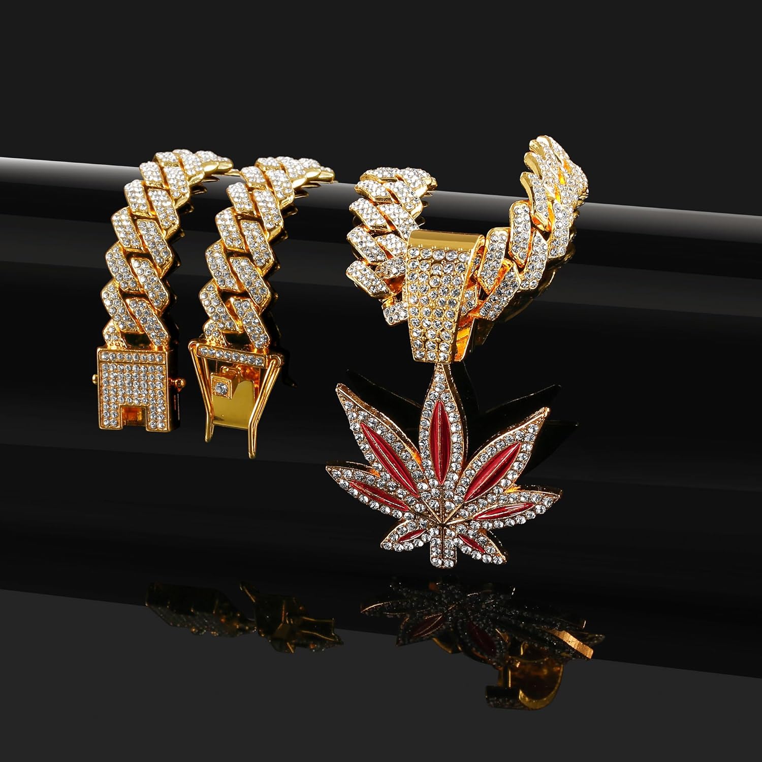 Hip-Hop Jewelry, Sliver/Gold Cuban Link pendant necklace for men, miami Ice Out Diamond pendant Design with Tiger, Cross,Cold face, Pink lips and Maple leaves