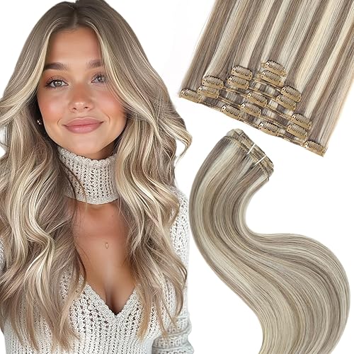 FUBILI clip in human hair extensions Ash Brown Highlights Platinum Blonde 95g 7p