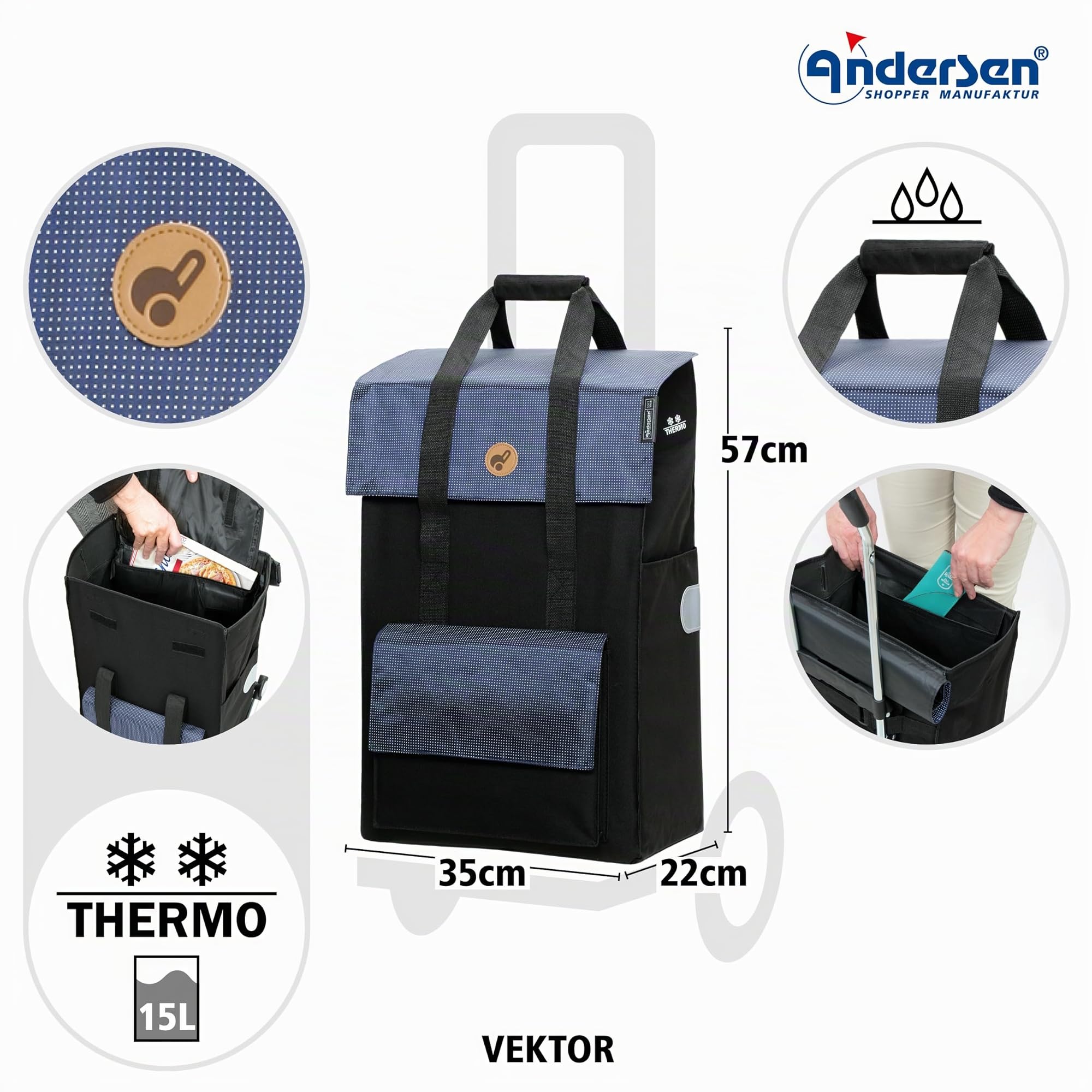 Andersen Einkaufstrolley - klappbar - 43 Liter - Mit Klappsitz bis 120 kg | höhenverstellbar - mit Kühlfach - belastbar 50 kg - Stahlgestell - Trolley - Komfort Shopper Vektor blau