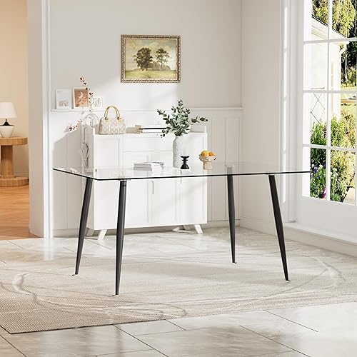 Baysitone Mesa de comedor de cristal para 4 personas con tapa de vidrio rectangular transparente de 51 pulgadas, muebles de cocina de vidrio