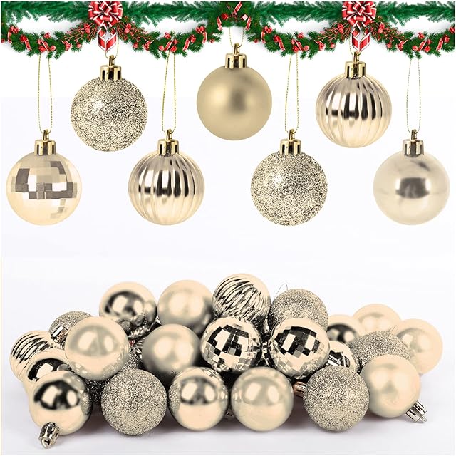 NiCoLa Christmas Baubles 36PCS 40mm Christmas Ball Ornaments, Mini Christmas Tree Baubles with Hanging Loop for Xmas Christmas Tree, Home Party Decor (Champagne)