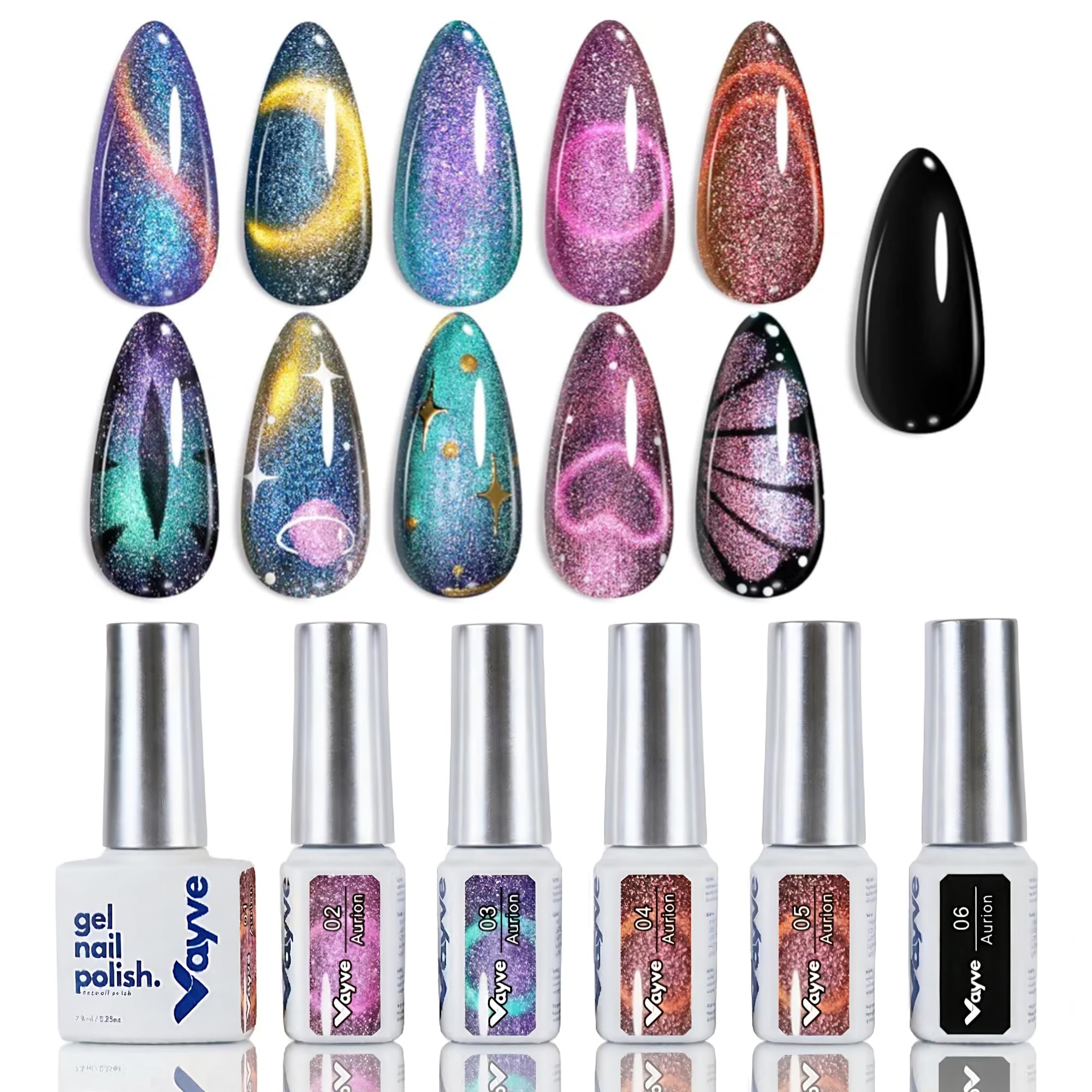 Cat Eye Gel Nail Polish Set UV LED Soak Off Chameleon Glitter Gel Polish Kit Aurion (Pack of 6)-image-24