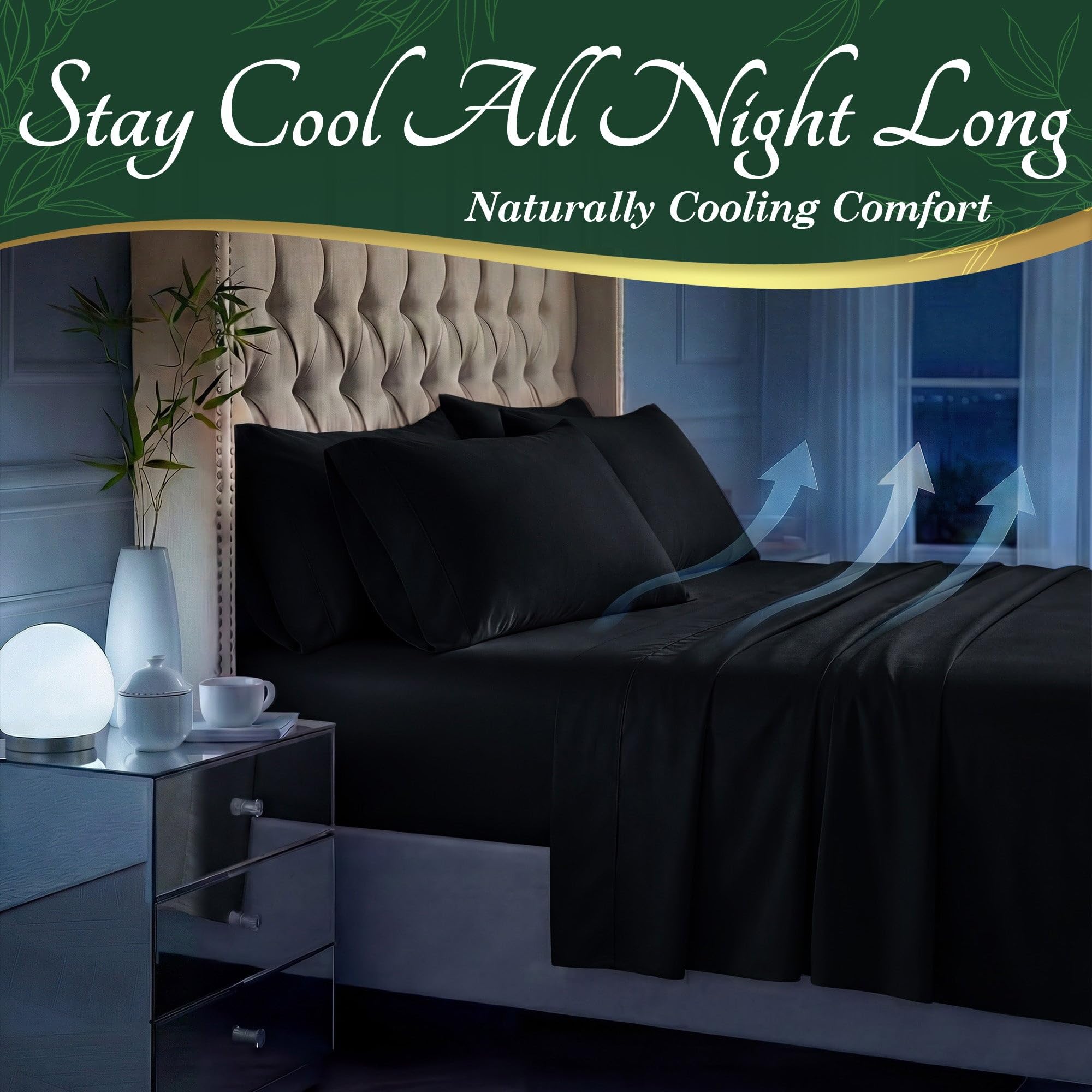 DECOLURE 100% Organic Viscose Derived from Bamboo Sheets Cal King Size 6pcs - Ultra Soft & Luxuriously Cooling, 17" Deep Pocket, Double Stitching, Perfect for Hot Sleepers - King Bed Sheets (Black) - 4