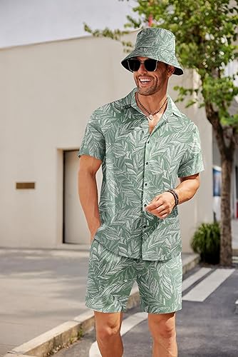 Miniatura 7 de COOFANDY Conjunto de camisa hawaiana y pantalones cortos para hombre traje de playa de 2 piezas con sombreros de pescador