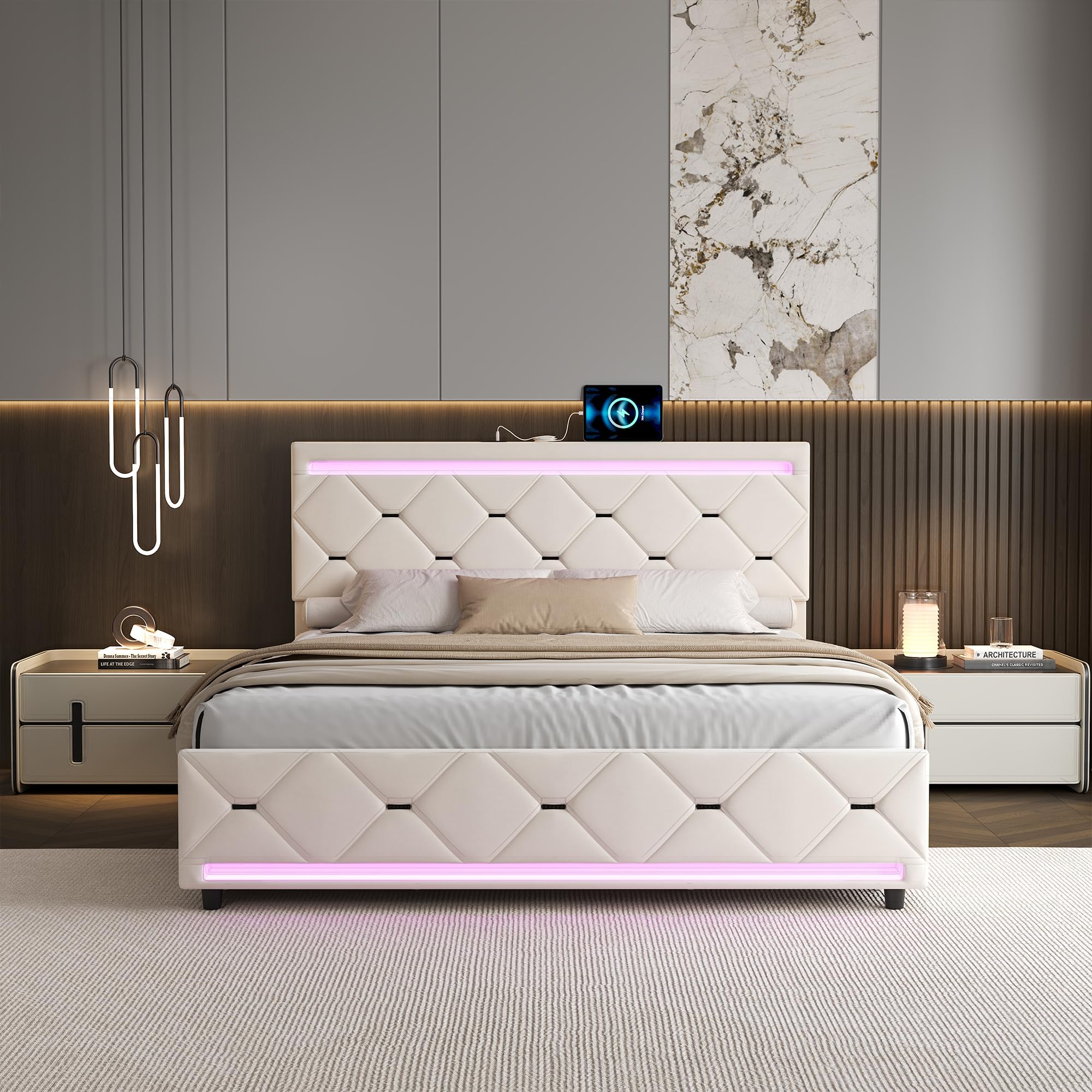 Letto Matrimoniale 160x200 cm, Letto Imbottito con 4 Cassetti, USB e LED, Struttura Letto con Rete a Doghe, Rivestimento in Velluto, Beige, Materasso Non Inclus