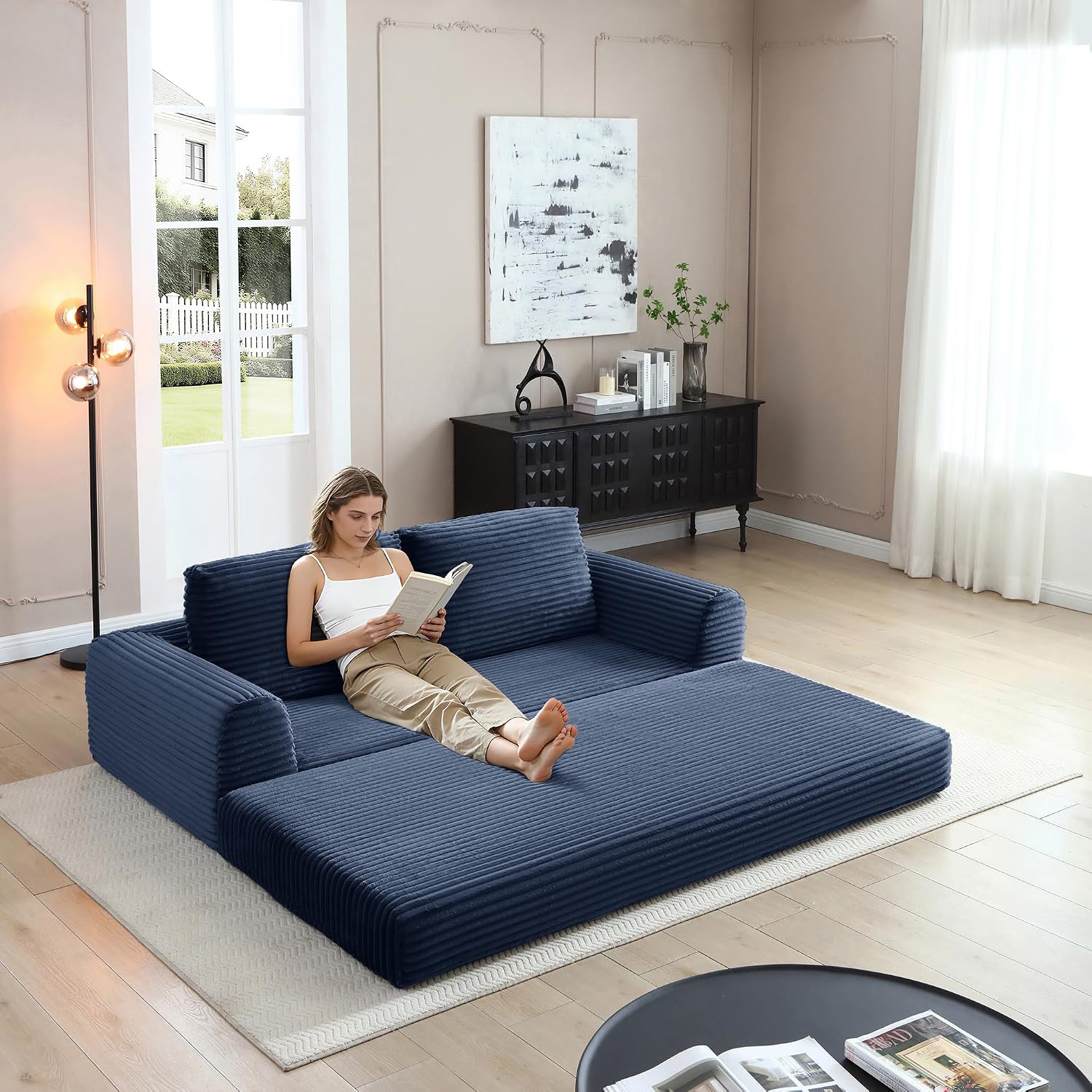 Foldable Boneless Love Seat Couches in a Box, Modern Floor Foam Sleeper Sofa Bed 2-in-1 Convertible Cloud Sofa for Home Apartments Bedroom