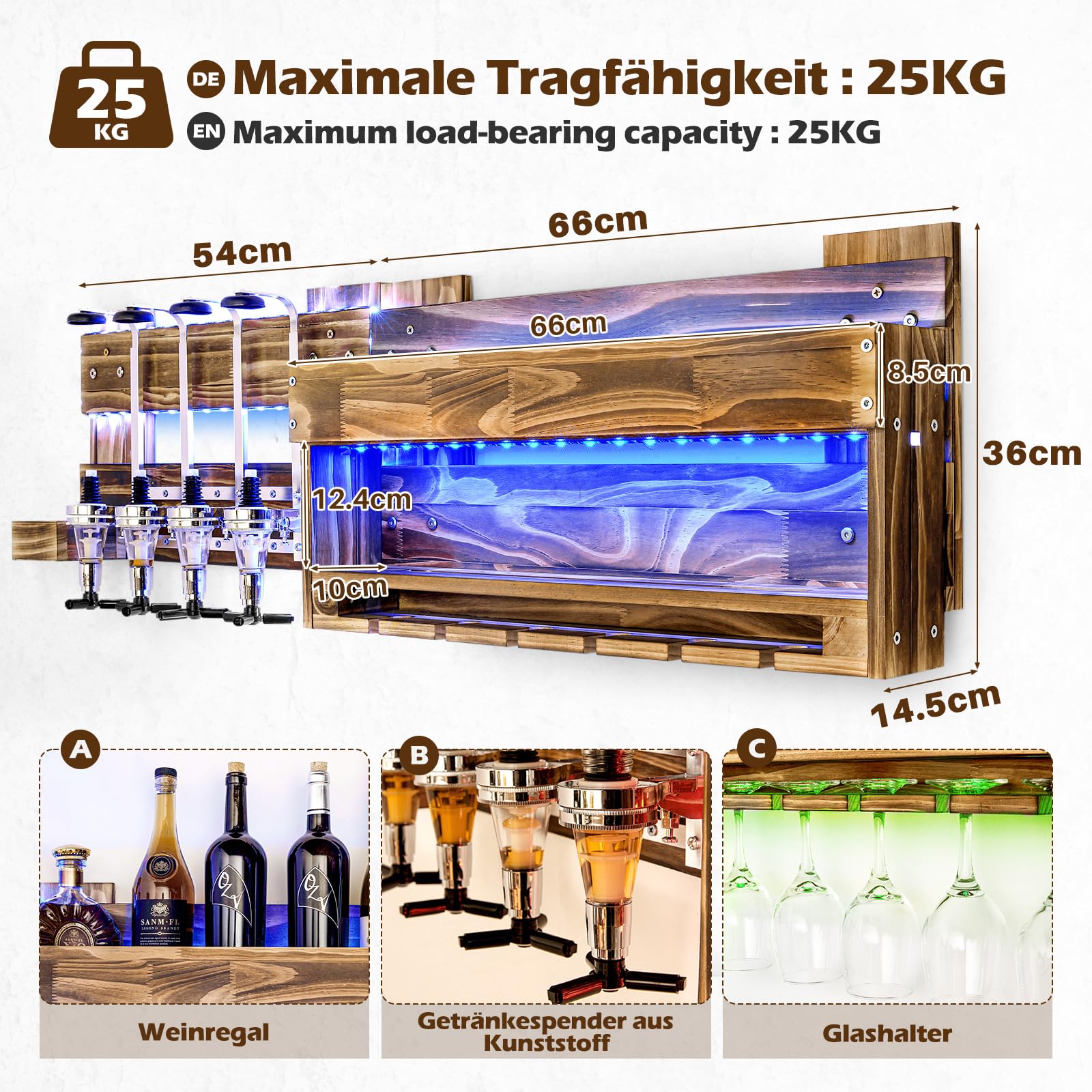 LED-wijnrek, aan de muur gemonteerd, hangend, drankflesplank, zwevende opslagbeker, displaystandaard, metalen drankbar-plank,80 * 25 * 90cm