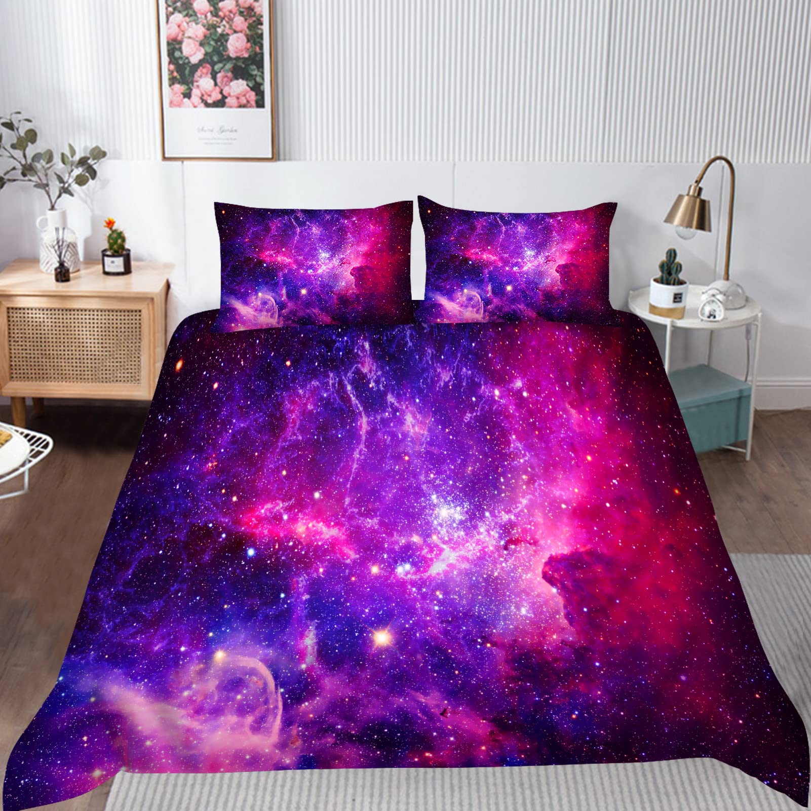 ANHOPE Galaxy Duvet Cover Set Soft Comforter Cover Purple Pink Nebula Stars Print Pattern 3 Piece Bedding Set including Pillowcase All Season Quilt Cover with Zipper for Kids Adults Double Size - Image 2