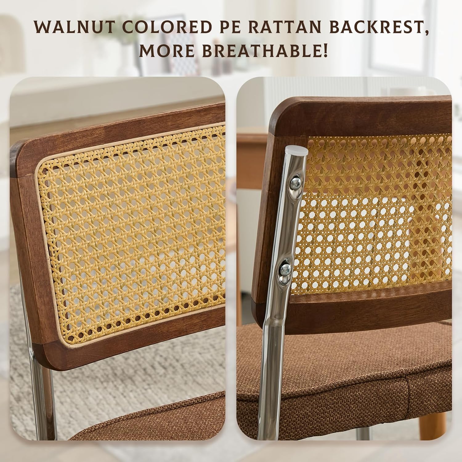Juego de 4 sillas de comedor de ratán, sillas tapizadas de comedor modernas de mediados de siglo con respaldo de caña, sillas de cocina de lino retro con base de cromo inoxidable, marrón Paquete de 4 Marrón