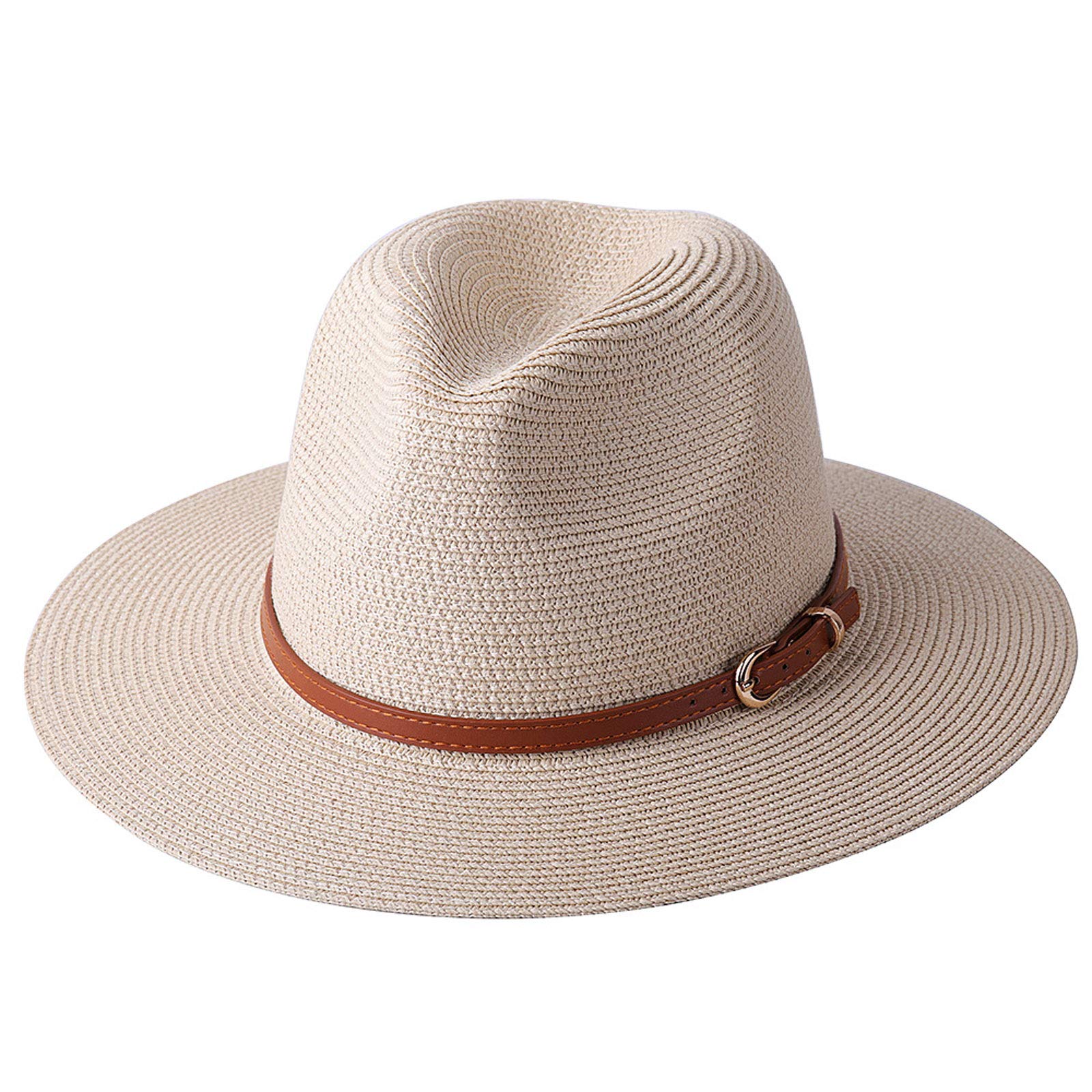 Lairauiy Sombrero Fedora Sun para hombre y mujer, sombrero de playa de paja Panamá con cinturón de cuero (beige, talla única)