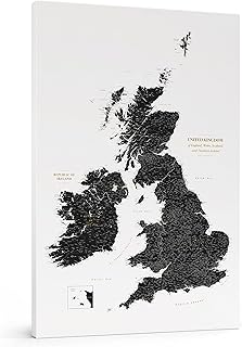 British Isles Map - Detailed Push-Pin Map with Pins to mark United Kingdom and Ireland adventures - Stretched Canvas Picture ready to hang - Extra large size - Black and White
