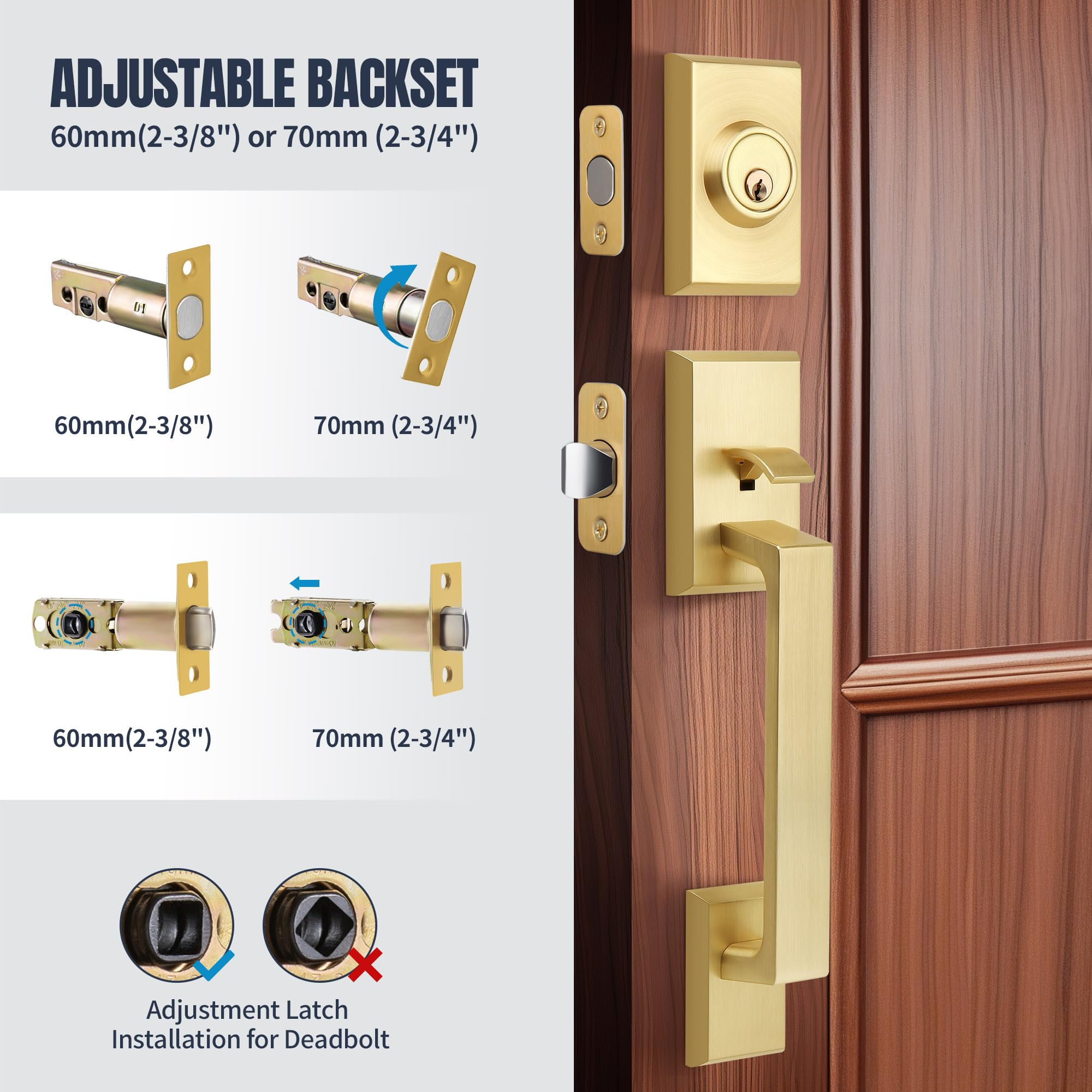 LOQRON Front Door Handleset Heavy Duty Door Handle and Deadbolt Lock Set, Square Entry Handle Set with Single Cylinder Deadbolt for Right & Left Handed Doors, Satin Brass