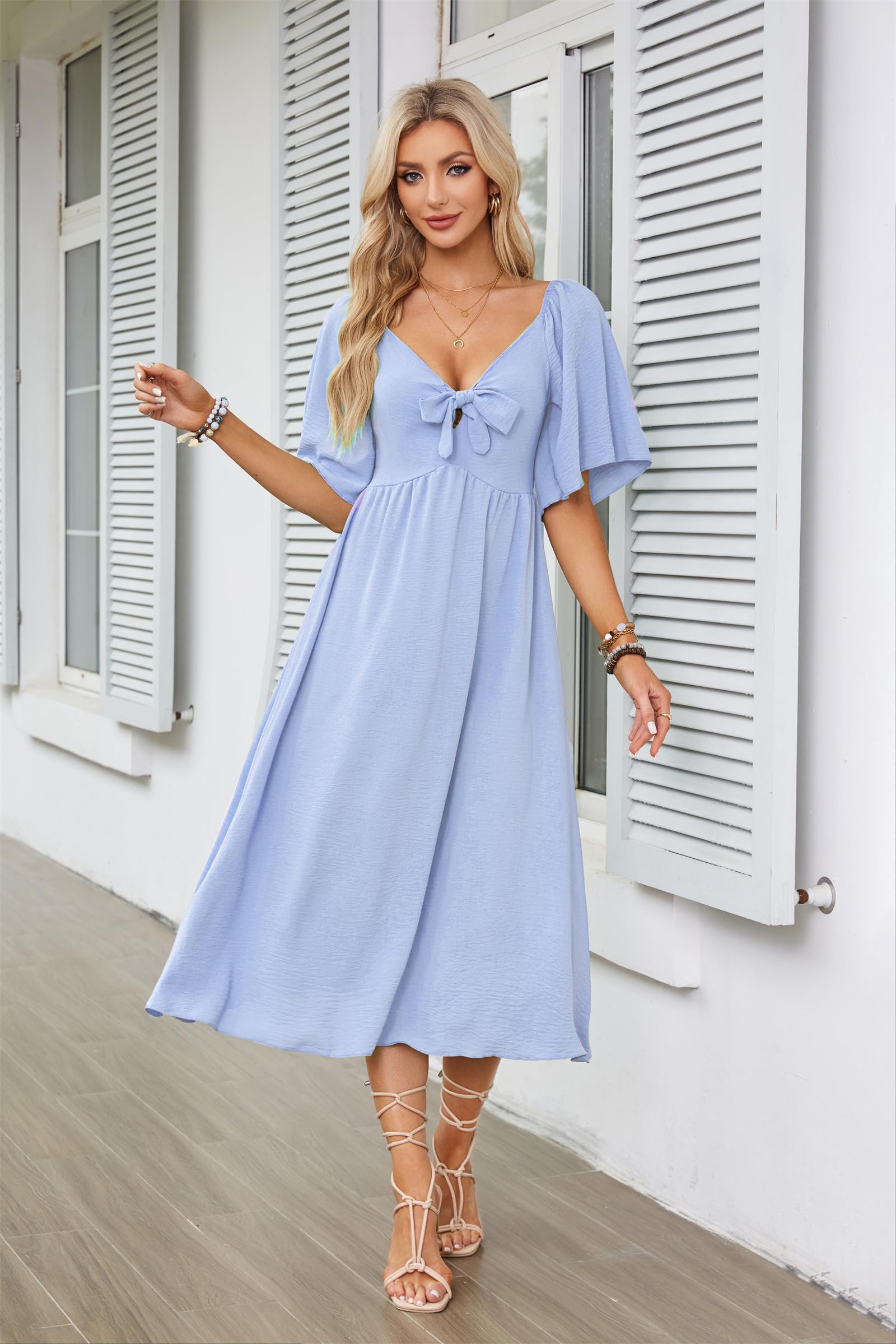 GOLDSTITCH Vestido de verano para mujer, casual, manga corta, corbatín, cuello en V, cintura alta, acampanado, vestido midi fluido