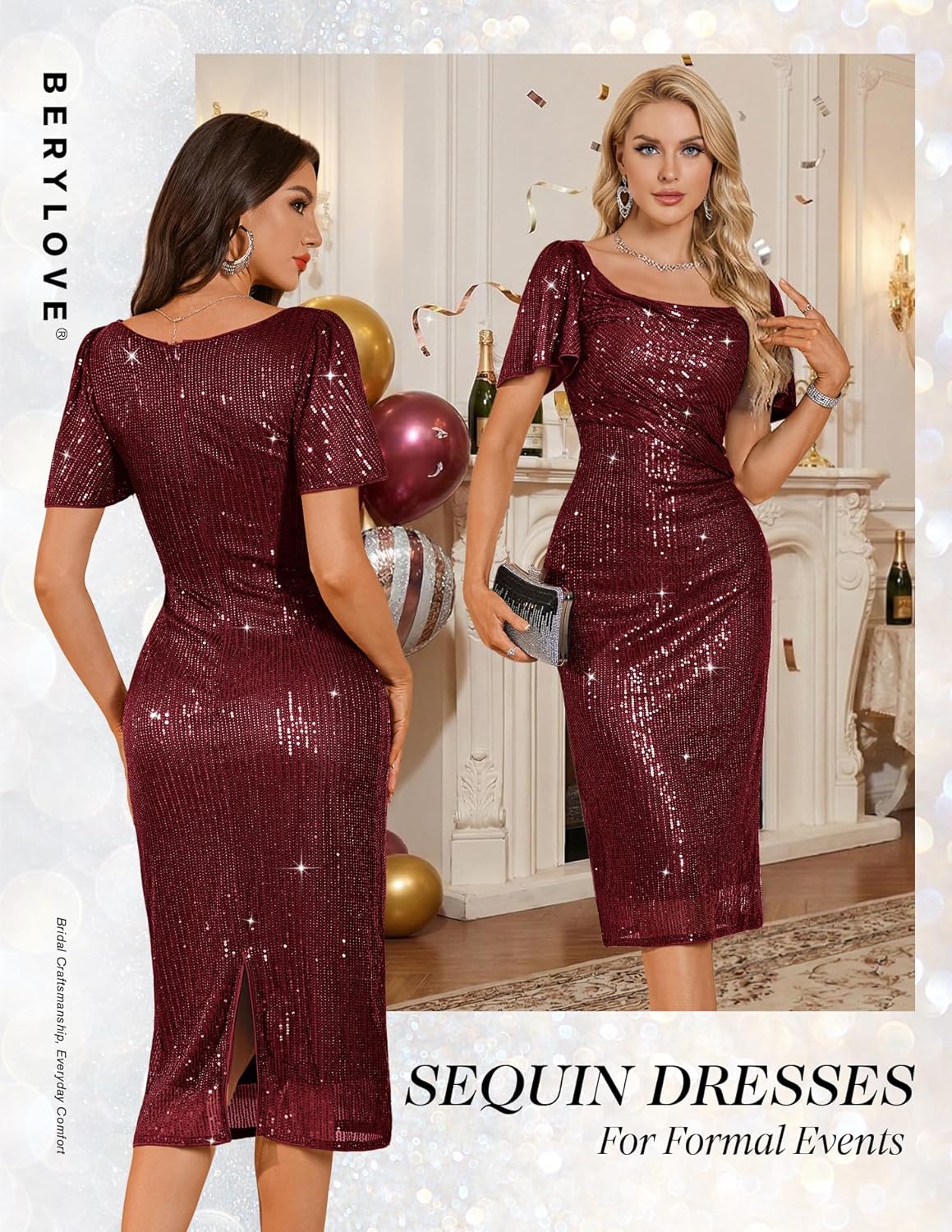 BeryLove Womens Sequin Formal Cocktail Dresses Sparkly Ruffle Sleeves Modest Prom Glitter 2026 Night Club Party Bodycon Ruched Burgundy Modest Homecoming Dress Burgundy XL - Image 4