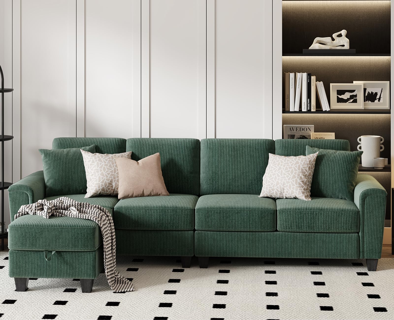 KKL 106” Convertible Sectional Sofa, Couch with Movable Chaise, Storage Ottoman, L Shaped Couch for Living Room, 4 Seat Convertible Couch for Apartment, Couches for Living Room, Corduroy, Green