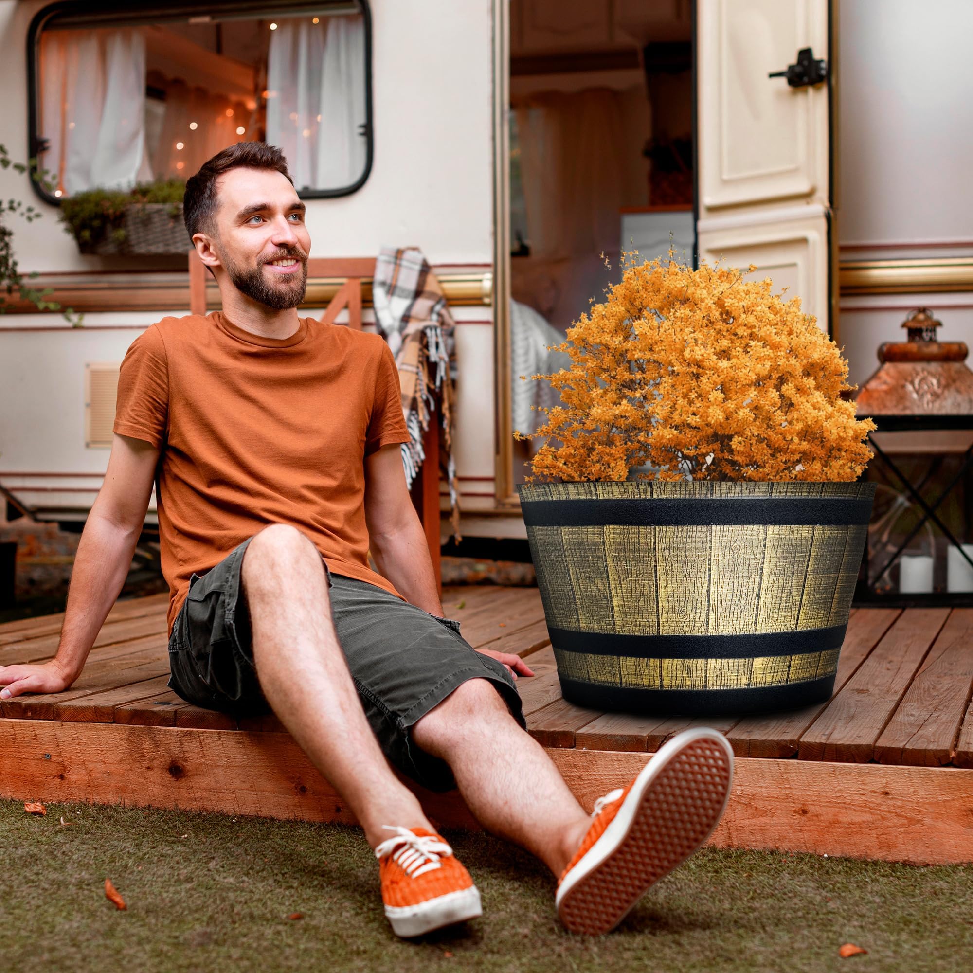 SG Traders Large Half Barrel Cask Planter, Indoor Plant Pot with Drainage Holes, Flower Pots Outdoor Garden Planters - Image 7