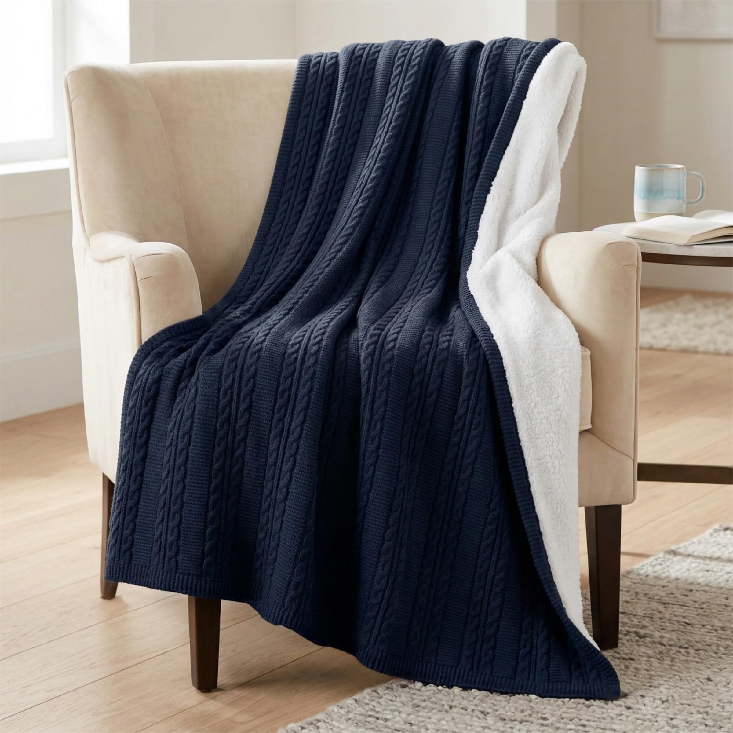 Cable Knit Throw Blanket for Couch, Sofa, or Bed - 60x80-Inch Soft and Cozy Blanket - Throws with Cable Knit Pattern and Warm Sherpa for Living Room, Bedroom, and Home Decor by Lavish Home (Navy Blue)