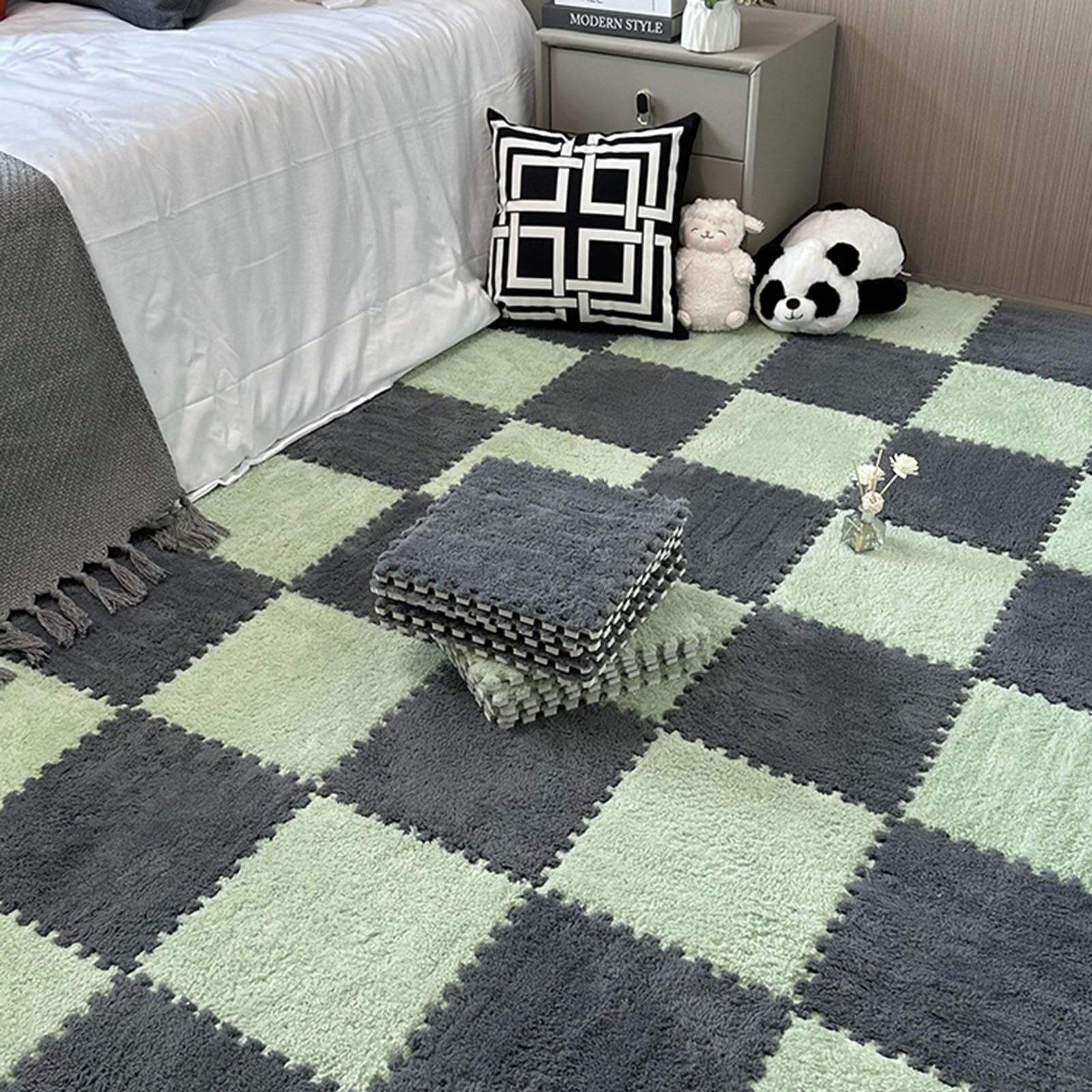 Tappeto a Incastro Splice, Tappeto Puzzle in Schiuma di Peluche, 10 Piastrelle quadrate in Schiuma ad Incastro, Tappeto soffice per Soggiorno, Tappeto in Schiuma per Came,Gray+Mint Green