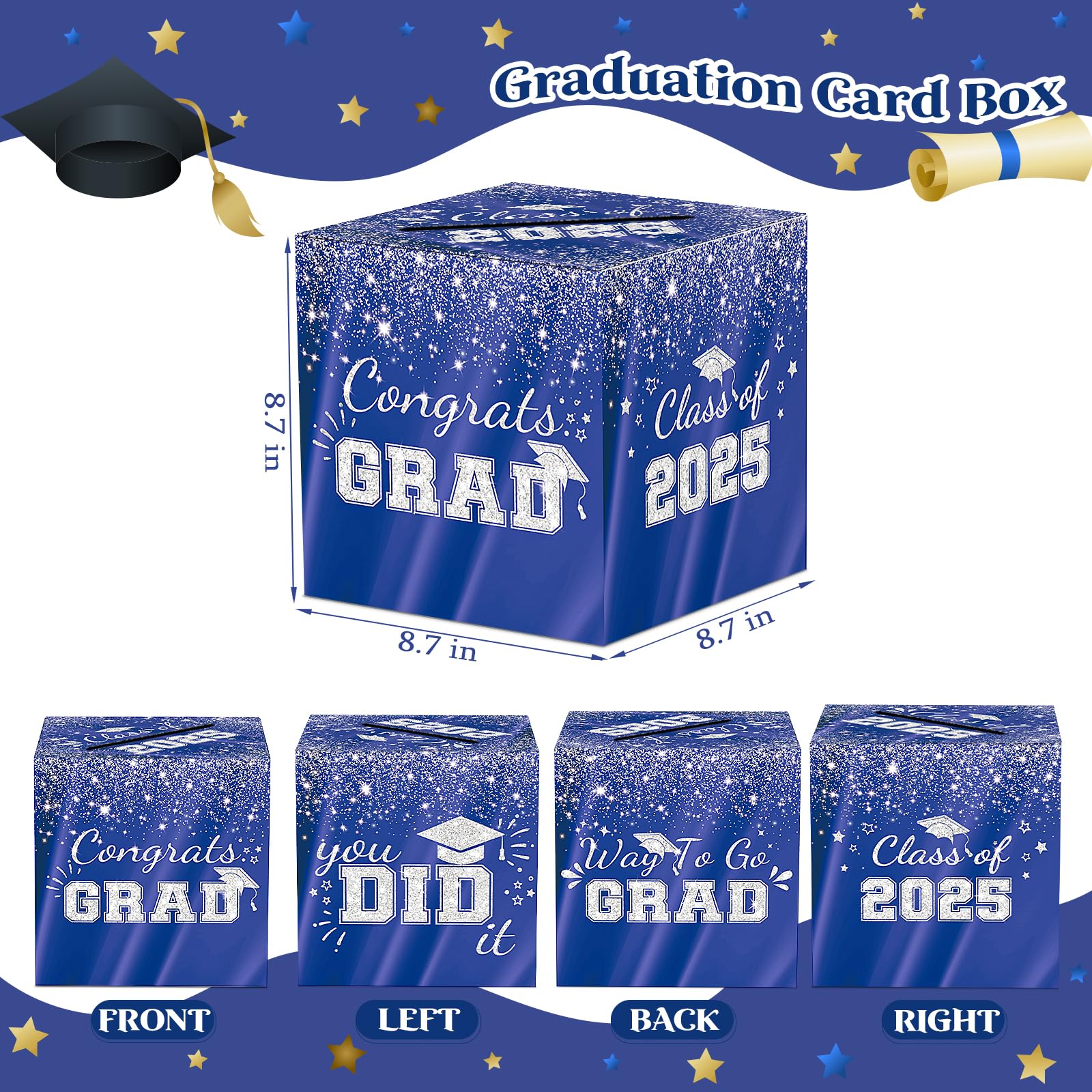 QISOLIY Blue Silver Graduation Card Box, 2025 Glitter Congrats Graduation Party Decorations 8.7 Inch Graduation Money Card Boxes Holder Graduation Gift Grad Parties
