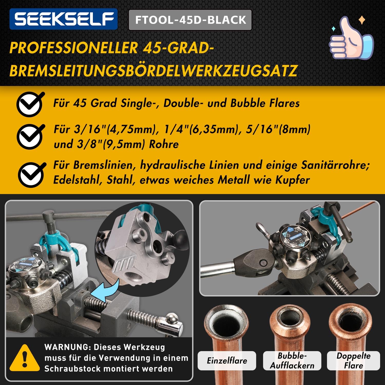 Professional Bremsleitungs-Bördel-Werkzeugsatz für 45-Grad-Einzel-, Doppel- und Bubble-Bördel, 3/16", 1/4", 5/16", 3/8" und 4,75 mm Stahl-Kupfer-Metallschlauch, schwarz