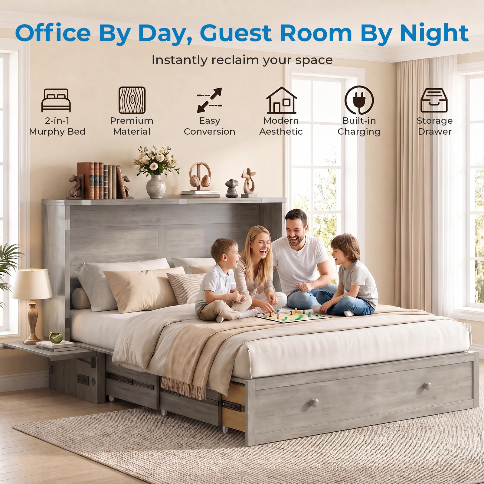 Mjkone 163 CM W Queen Size Murphy Bed with Tri-Folding Mattress, Grey