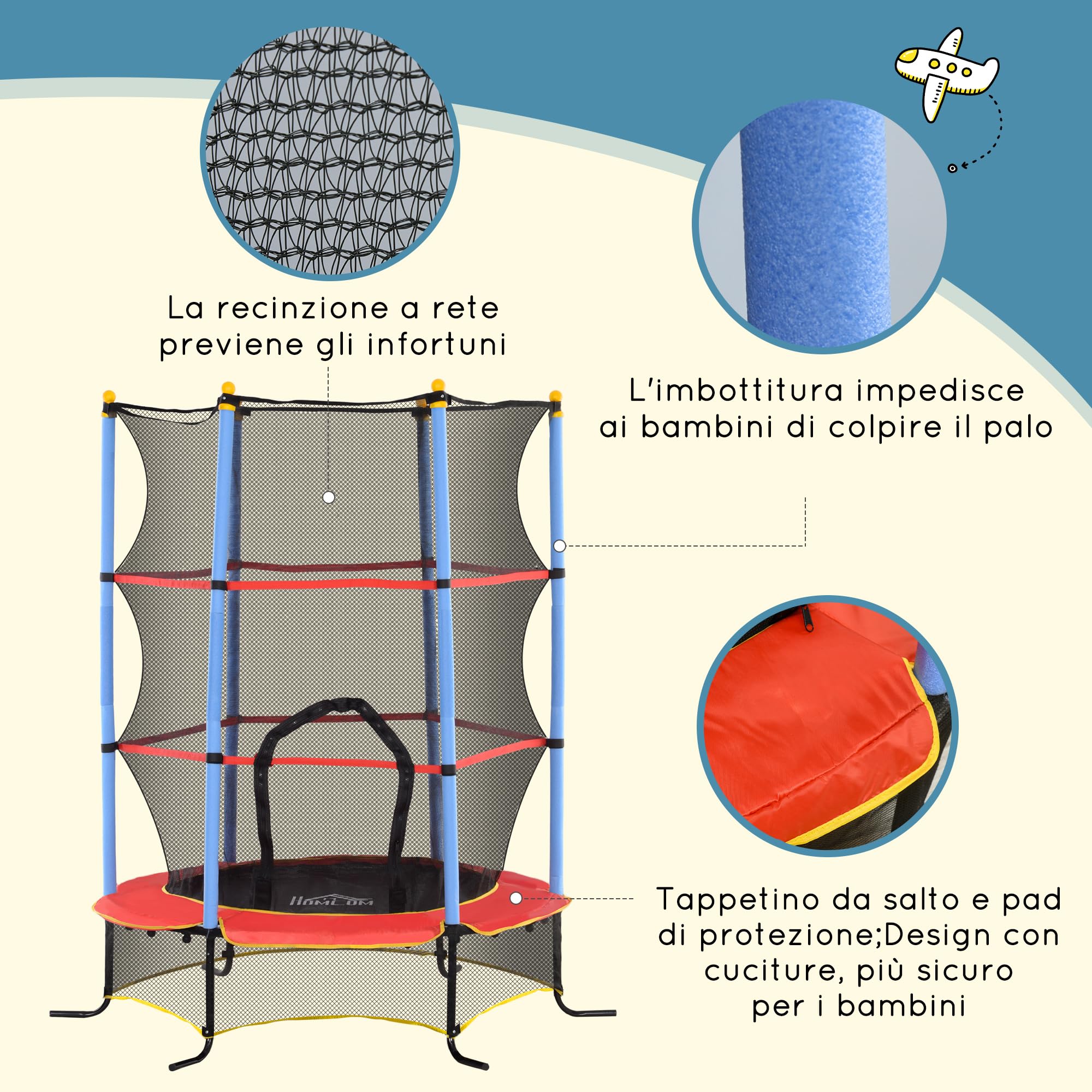 HOMCOM Trampolino Elastico per Bambini Età 3-10 Anni Ø175 x 190 cm Blu | Con Rete di Sicurezza, Tappeto Elastico, Pali Imbottiti, per Interno ed Esterno