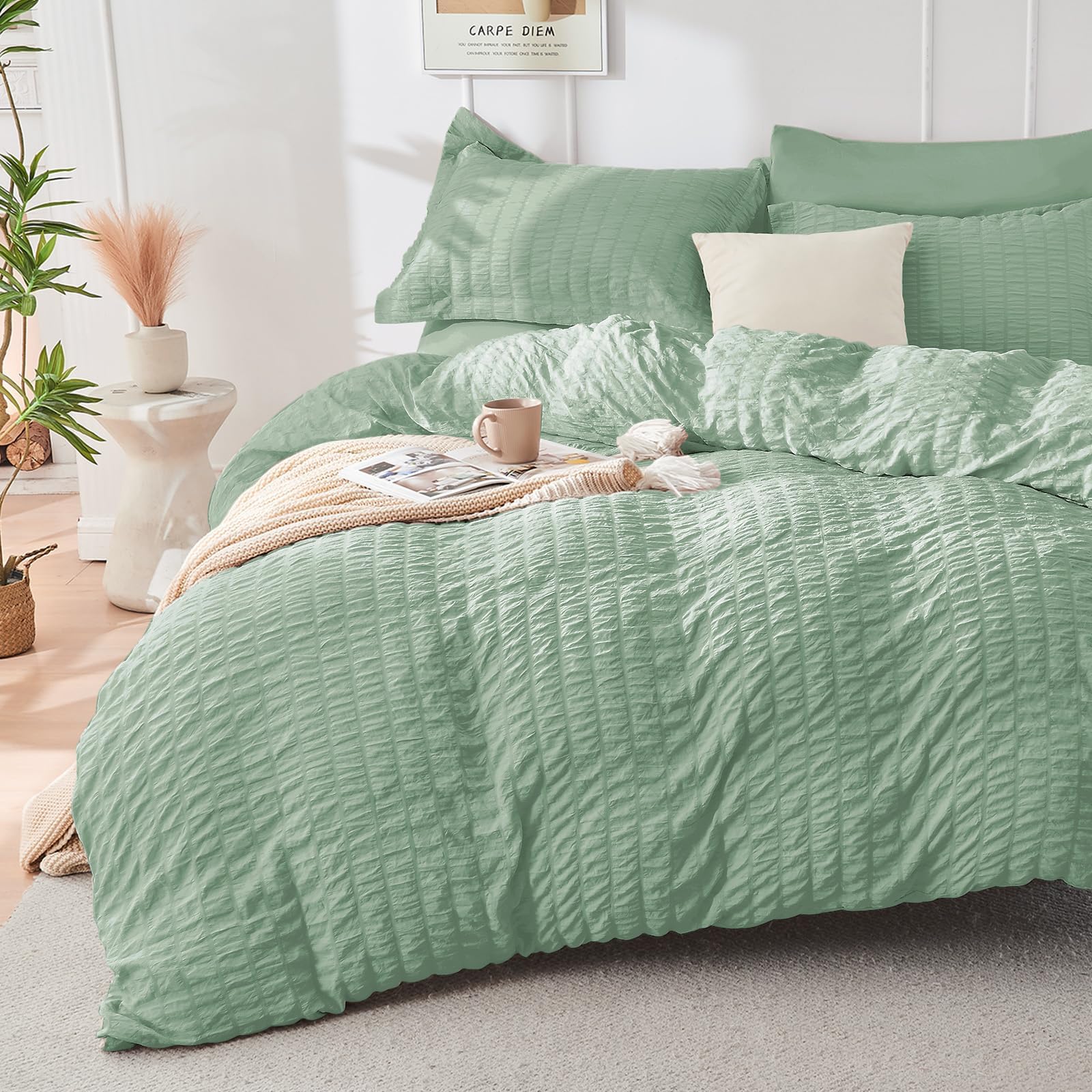 HYMOKEGE Sage Green Twin Size Duvet Cover, Ultra Soft 2-Piece Seersucker Duvet Cover Set with Zipper Closure, Soft Brushed Microfiber Bedding Set with