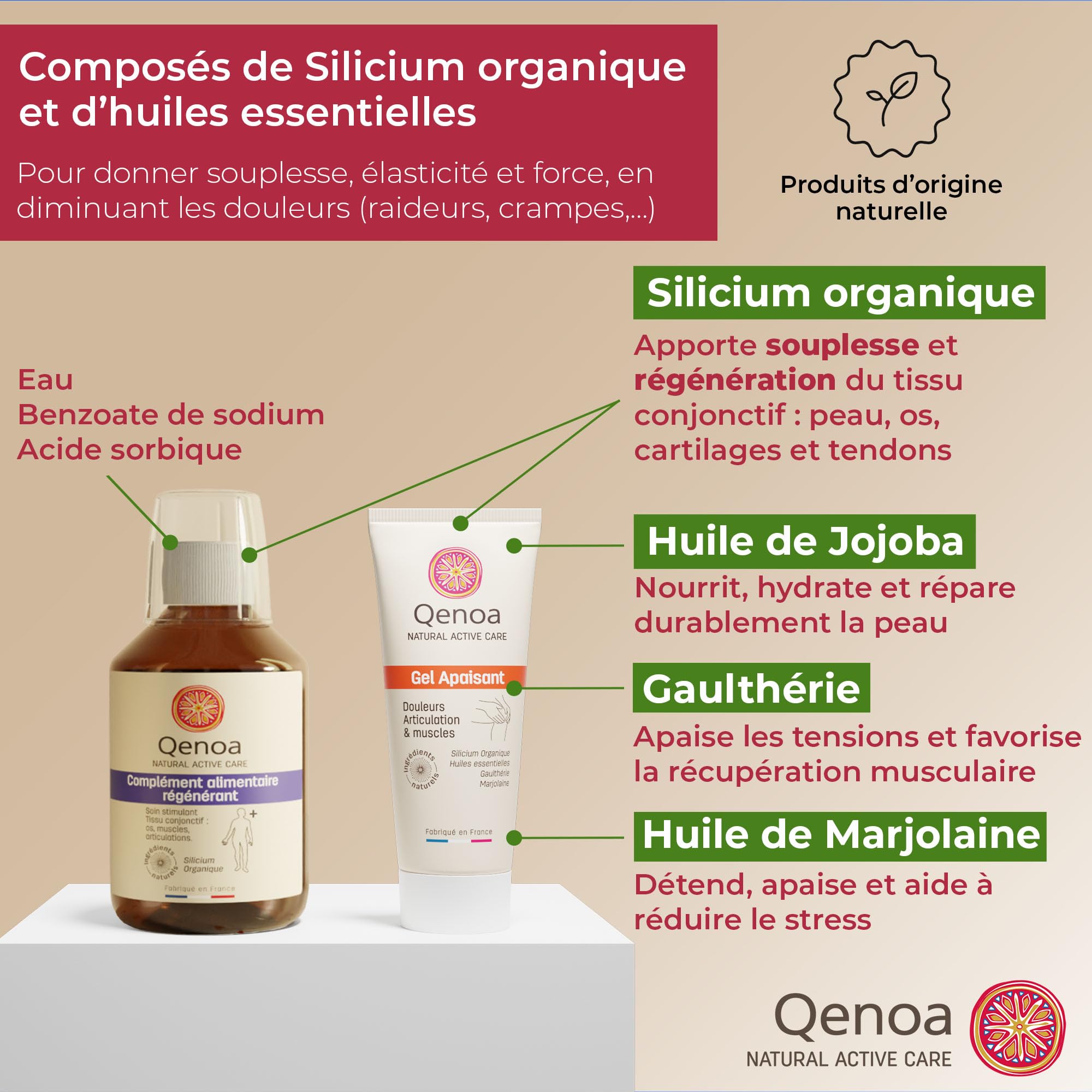 Lot Gel Apaisant 75ml + Complément Alimentaire Régénérant 500ml - Silicium Durable, Gel pour les articulations et les muscles, Complément articulaire naturel, Douleurs Musculaires sport