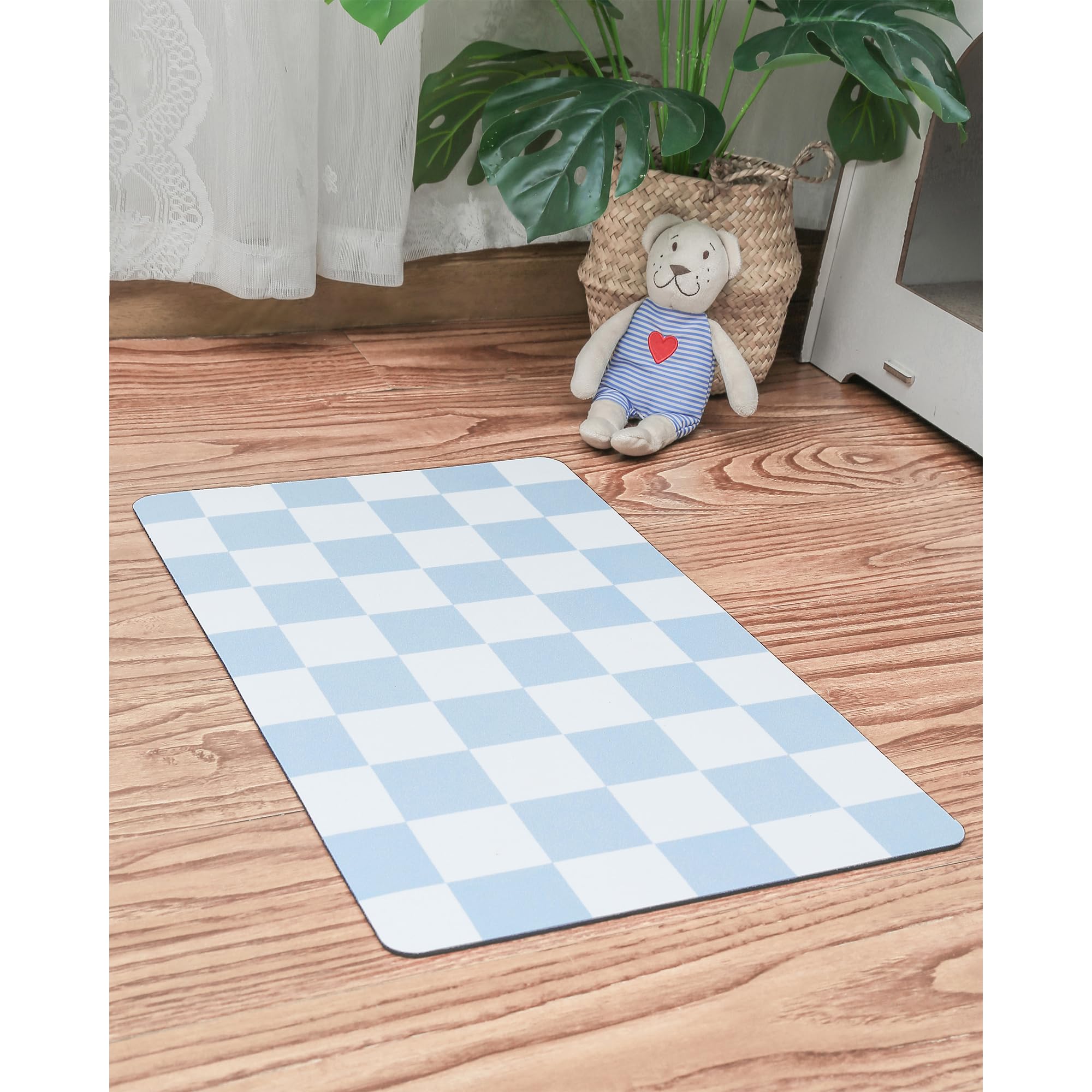 Ralxion Checkered Dog Feeding Mat, Absorbent Mats for Dog Food and Water Bowl, Dispenser, Retro Aesthetic Light Blue Checkerboard Pet Placemat for