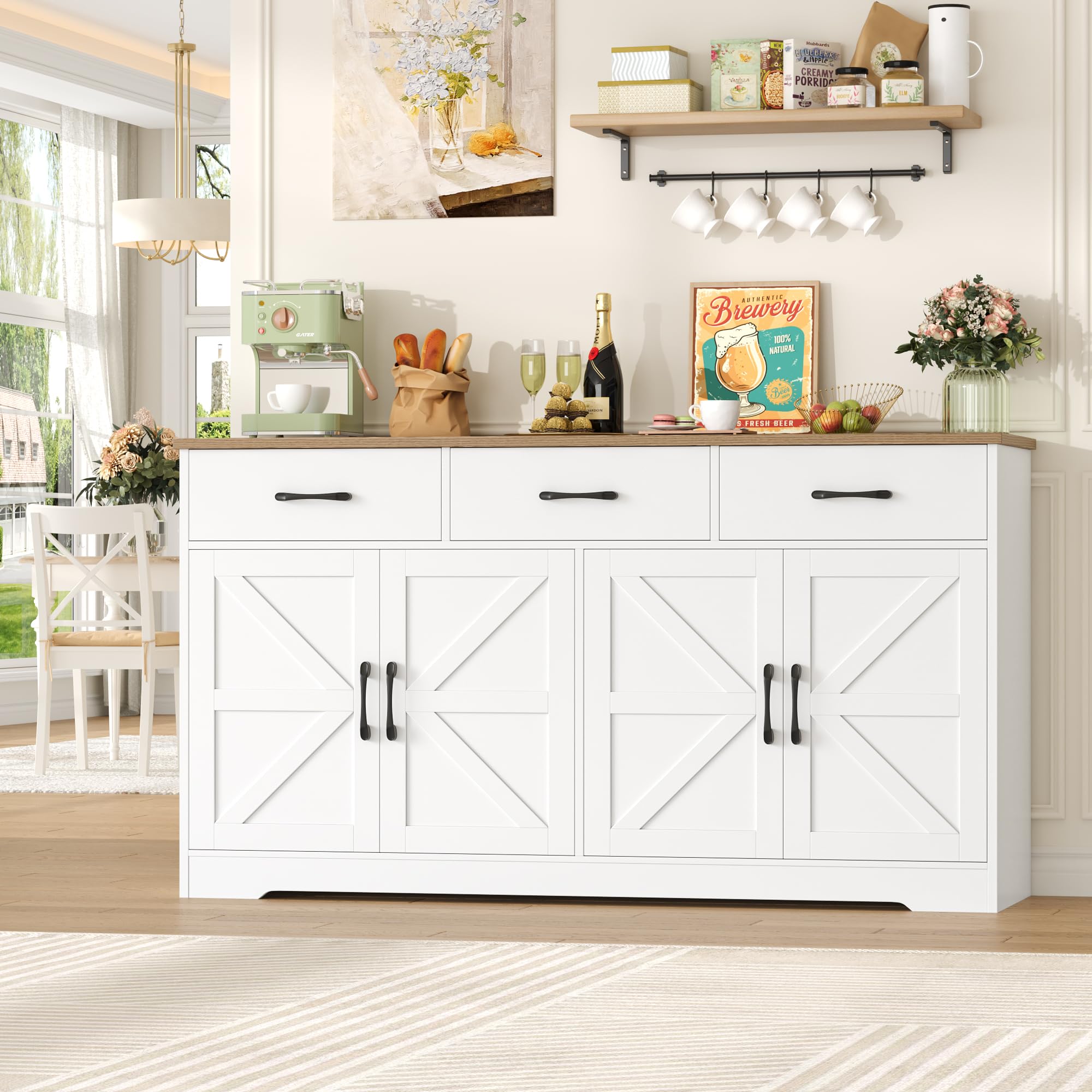HOCSOK Buffet Cuisine, 150 cm Buffet Salle a Manger avec 3 Tiroirs 4 Portes, Meuble Cuisine Rangement avec Étagère Réglables, Meuble de pour Salon, Cuisine, Couloir, Blanc