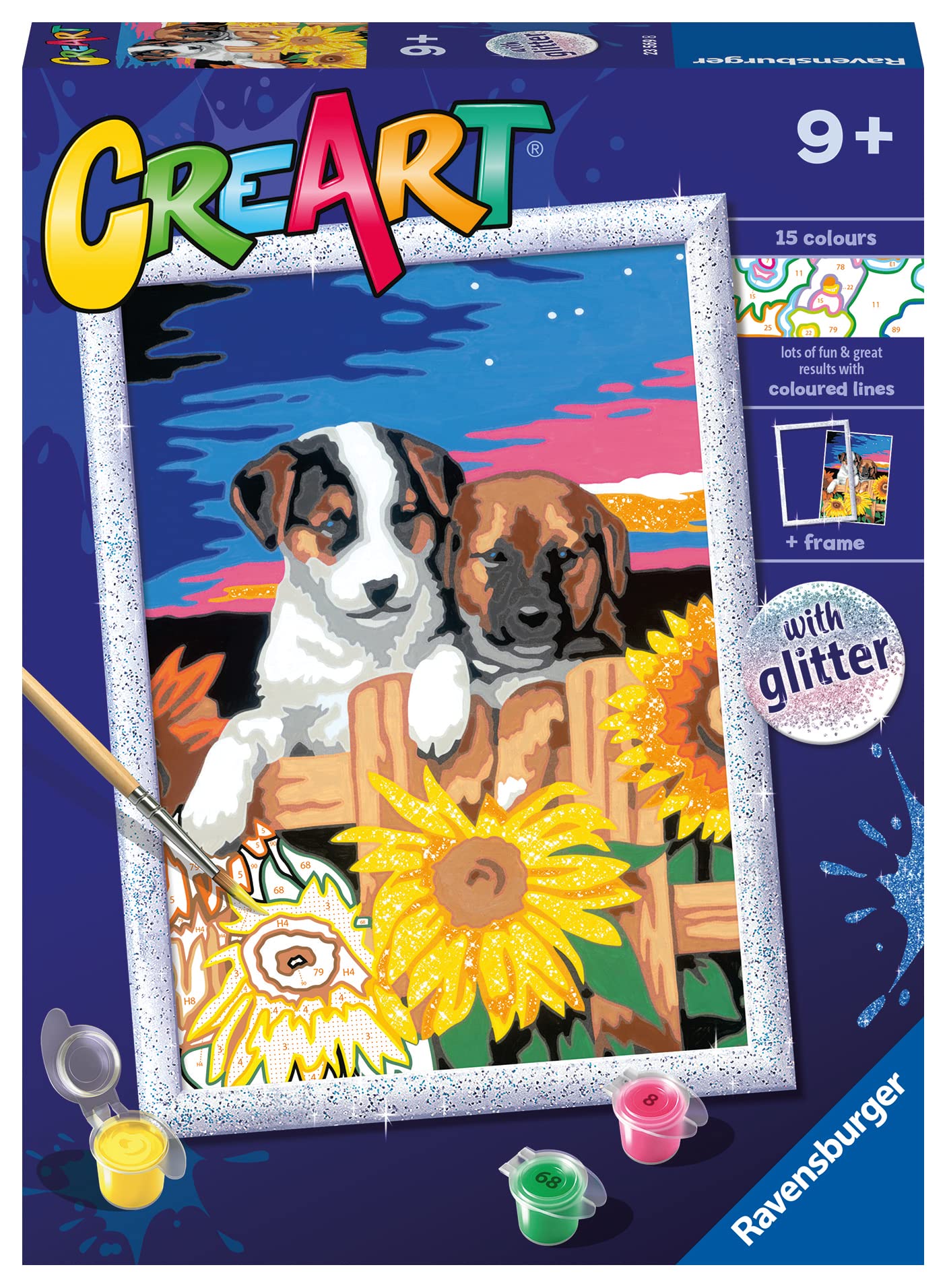 Ravensburger - CreArt Cagnolini Con Girasoli, Kit dipingere bambini 9+ anni