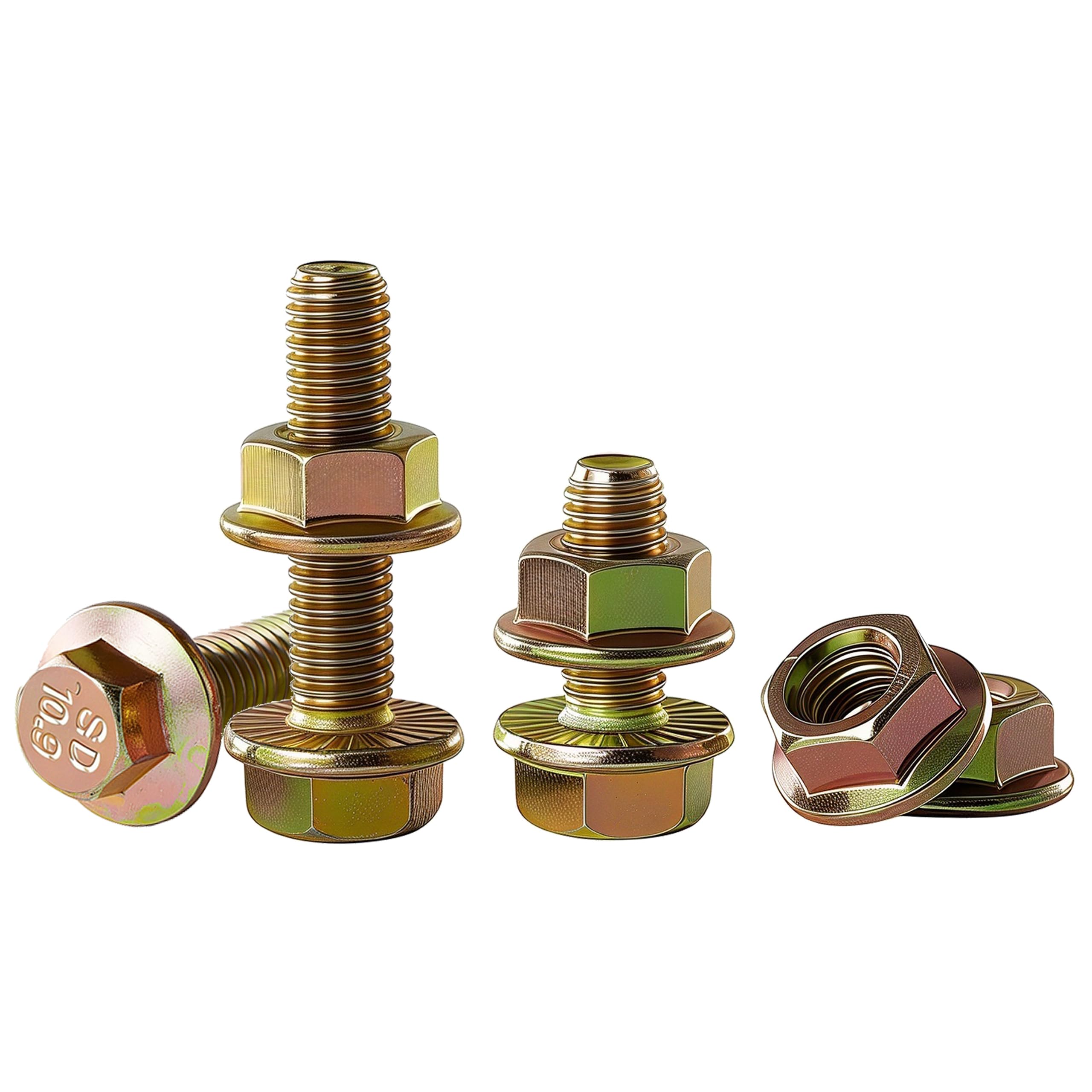 RAYGOODA M12-1.75x25mm Flange Bolt and Nut Kit 5set - Grade 10.9 Alloy Steel, Colored Zinc Plated, Full Thread, Serrated Self-Locking, Vibration Resistant for Automotive, Machinery & Heavy Duty