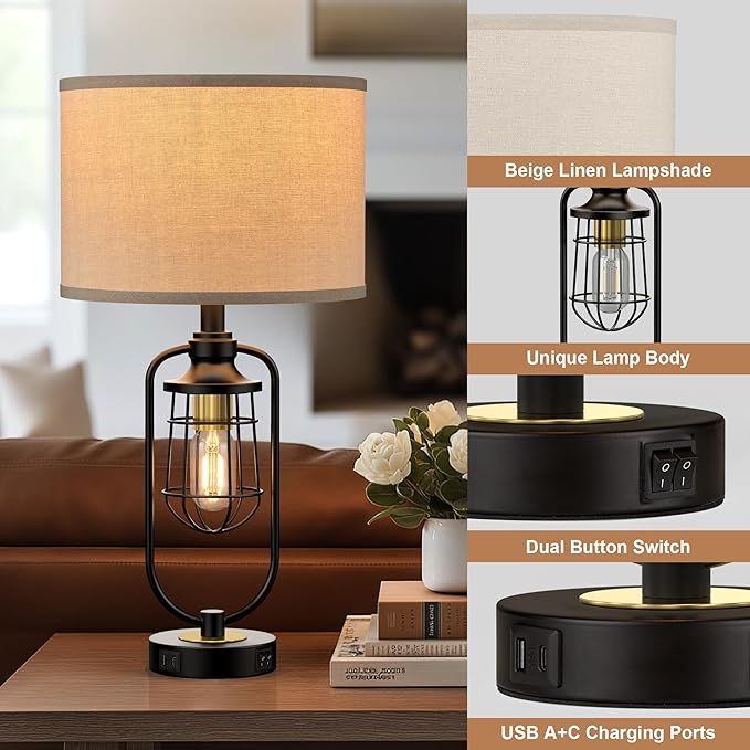 Lámparas de Mesa Noche Set de 2, Industriales con USB A+C miniatura 5