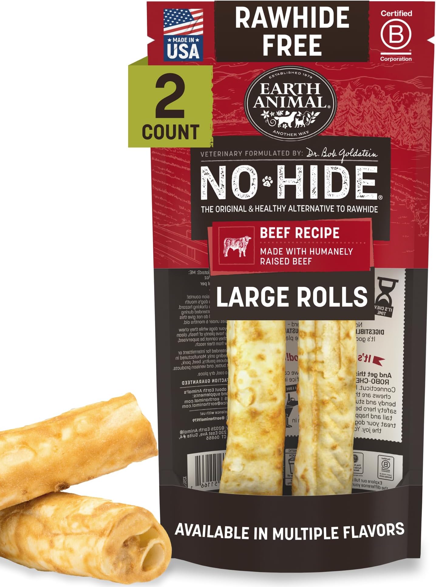 No Hide Dog Chews - Rawhide Free Large Rolls 2 Count Beef