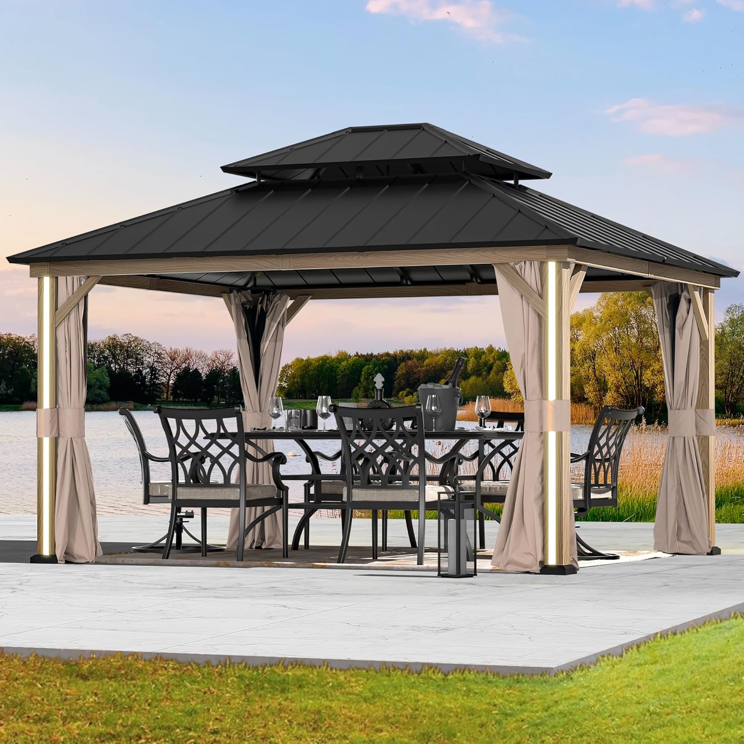Modern Shade Hardtop Gazebo 12' x 14' with 4 LED Lights, Outdoor Gazebo with Double Roof, Aluminum Frame, Patio Pavilion with USB Charging Port Deck, Mosquito Netting and Curtains, Wood-Looking