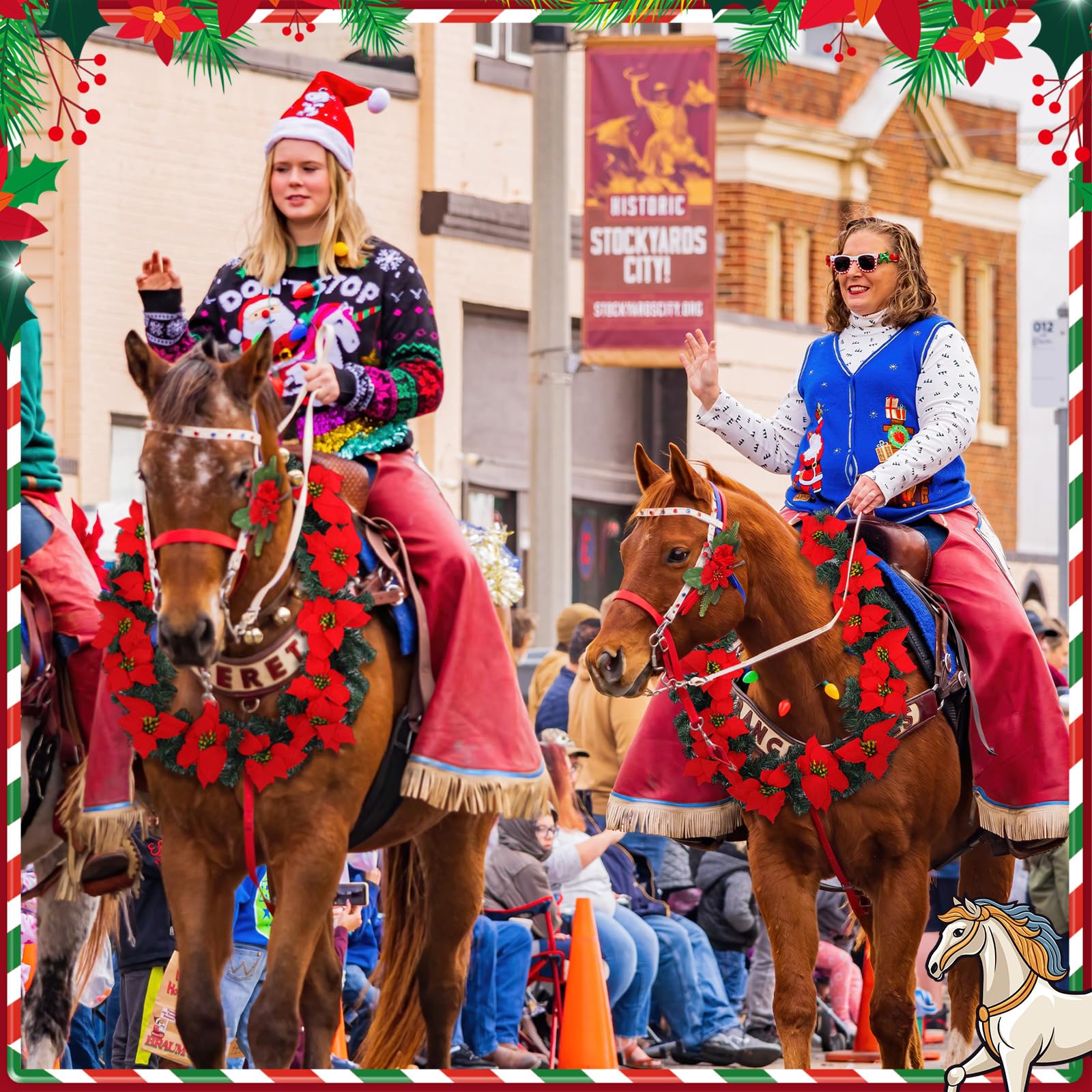 Dansydaisy Weihnachtskranz, Pferd, Halfter, Halfter, Zaumzeug, Clip-Set, 180 cm, künstliche Weihnachtsstern-Girlanden für Urlaubsdekoration, Pferde-Kostüm-Zubehör
