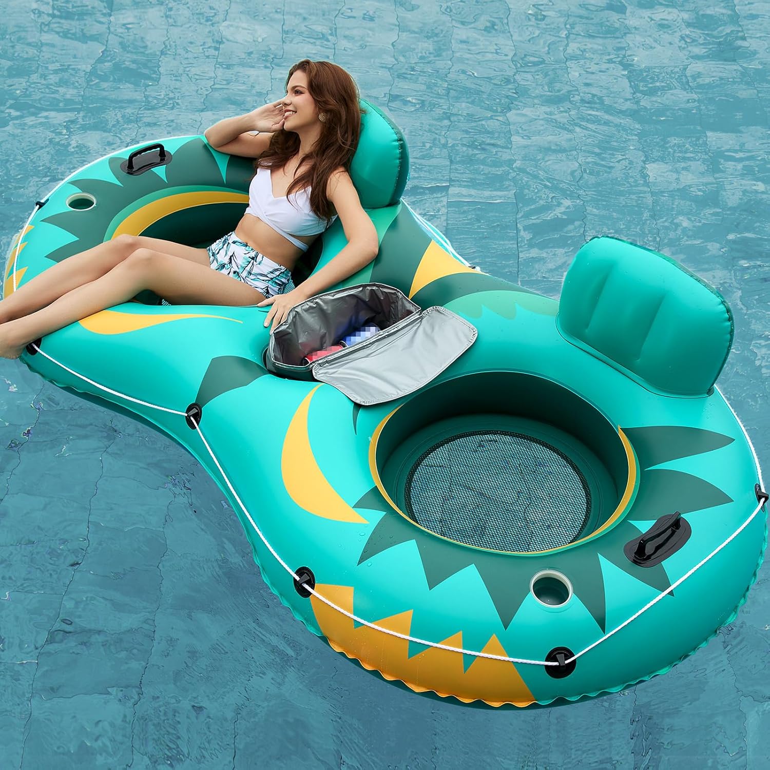 Jasonwell Inflatable River Tube Float - 2 Person Heavy Duty River Float Pool Floats with Removable Cooler Lake Water Tubes for Floating River Raft Lounge Floatie with 2 Cup Holders for Adults (Green) Owl-Green