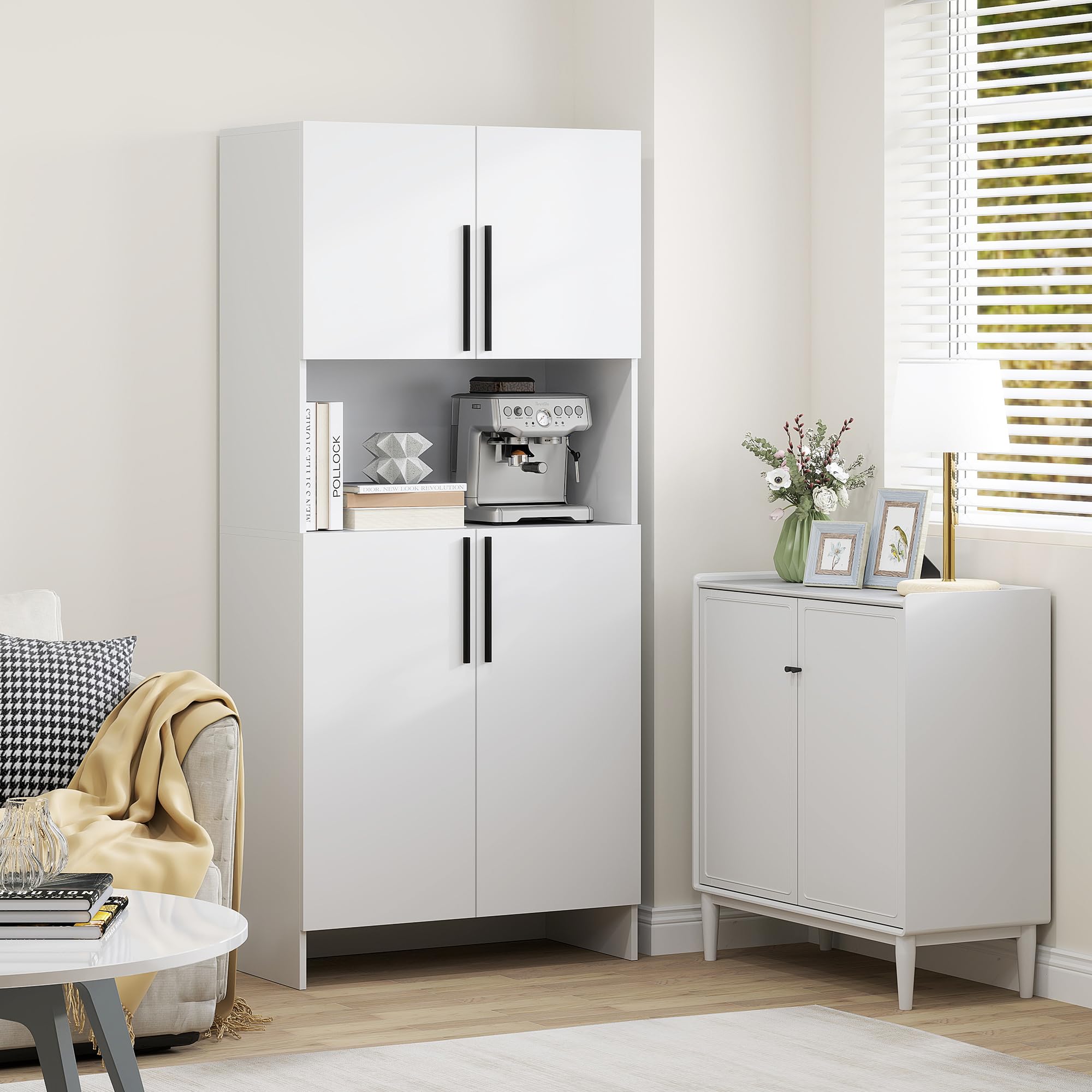 HOMCOM Armoire de Cuisine, Armoire Haute avec Tablette pour Micro-Ondes, Buffet avec Porte Soft-Close, de Rangement Vitrine pour Cuisine Salle à Manger 79x40x175 cm Blanc