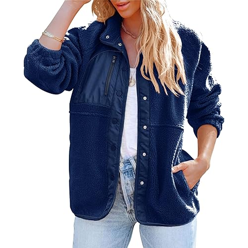 ZESICA Women's Fall Winter Sherpa Fleece Jacket Casual Long Sleeve Button Down Fuzzy Shacket Outerwear Coat
