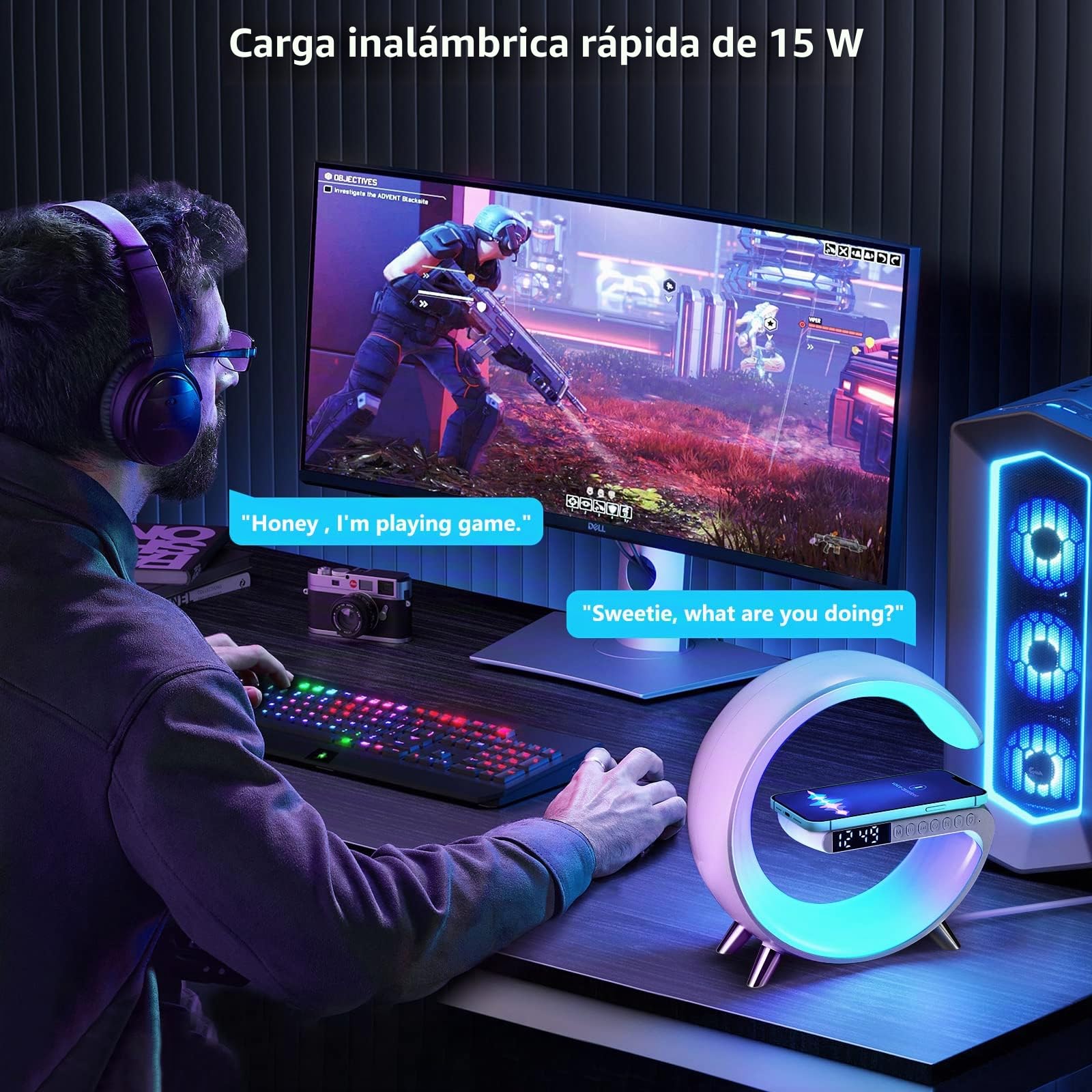 Lámpara de Mesa LED Inteligente, Lámpara de Ambiente con Cargador Inalámbrico, Altavoz Bluetooth Lámpara de Luz Nocturna Regulable, Reloj Despertador con Sincronización de Música (Blanco)