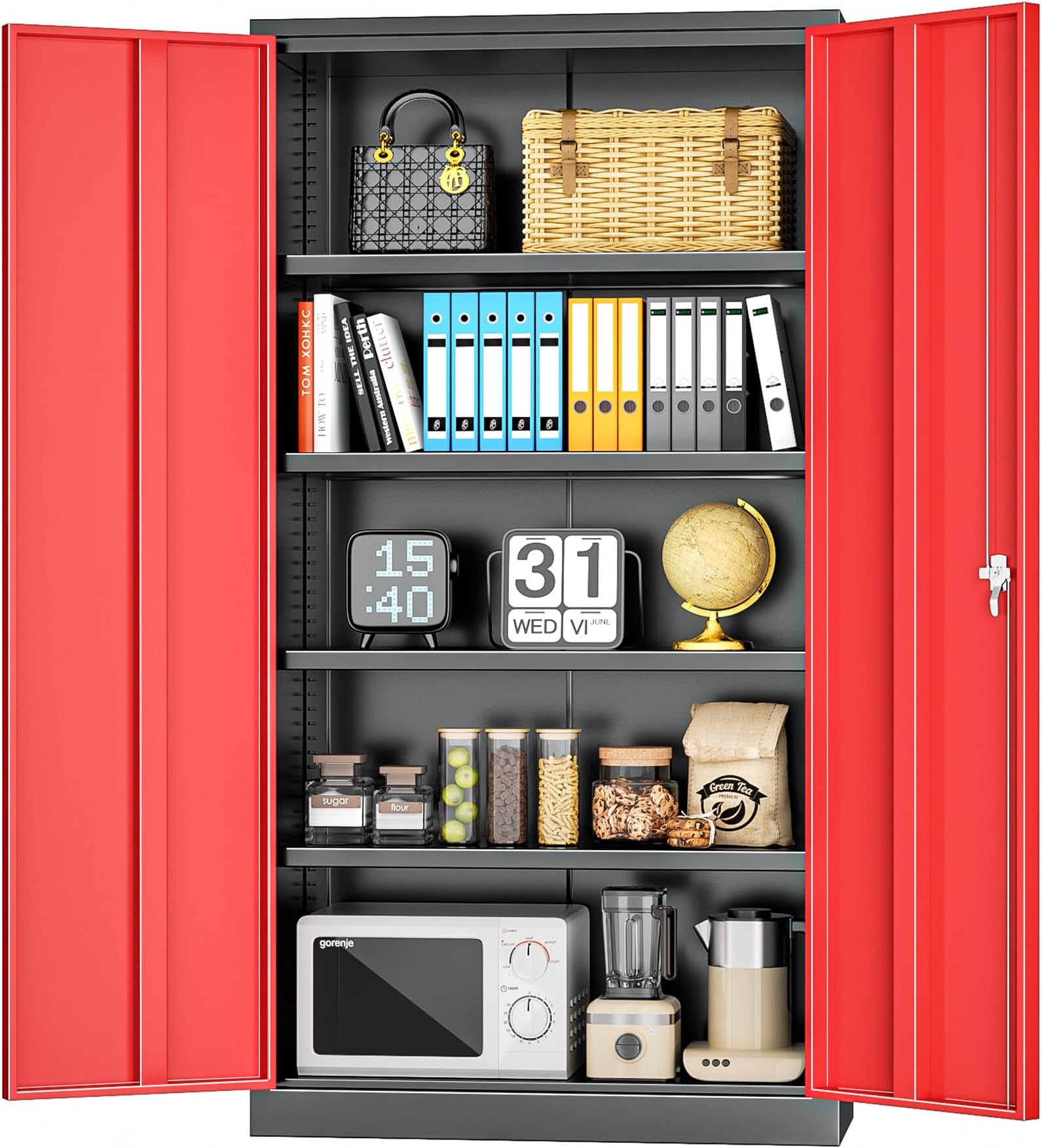 Metal Storage Cabinet with Doors, 72" Locking Steel Storage Cabinet with Shelves, Tall Metal Cabinet Lockable Steel Cabinets for Home Office, Garage,(Black+Red)