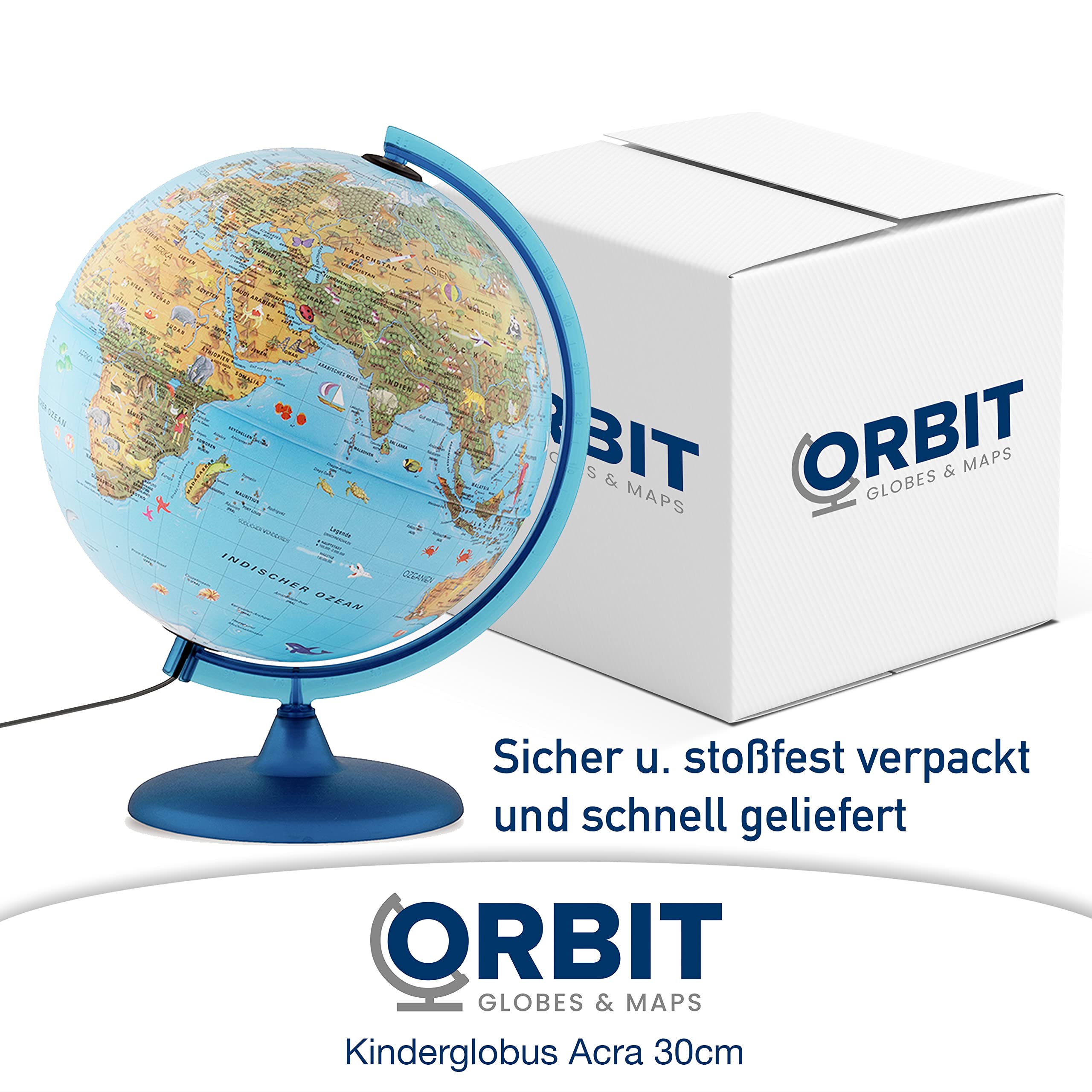 ORBIT GLOBES & MAPS Kinderleuchtglobus 30cm mit Tieren, Kunststoff Fuß, deutsch mit stabilem Hartplastikfuß, deutsches Kartenbild mit vielen Abbildungen für Kinder mit LED Leuchte
