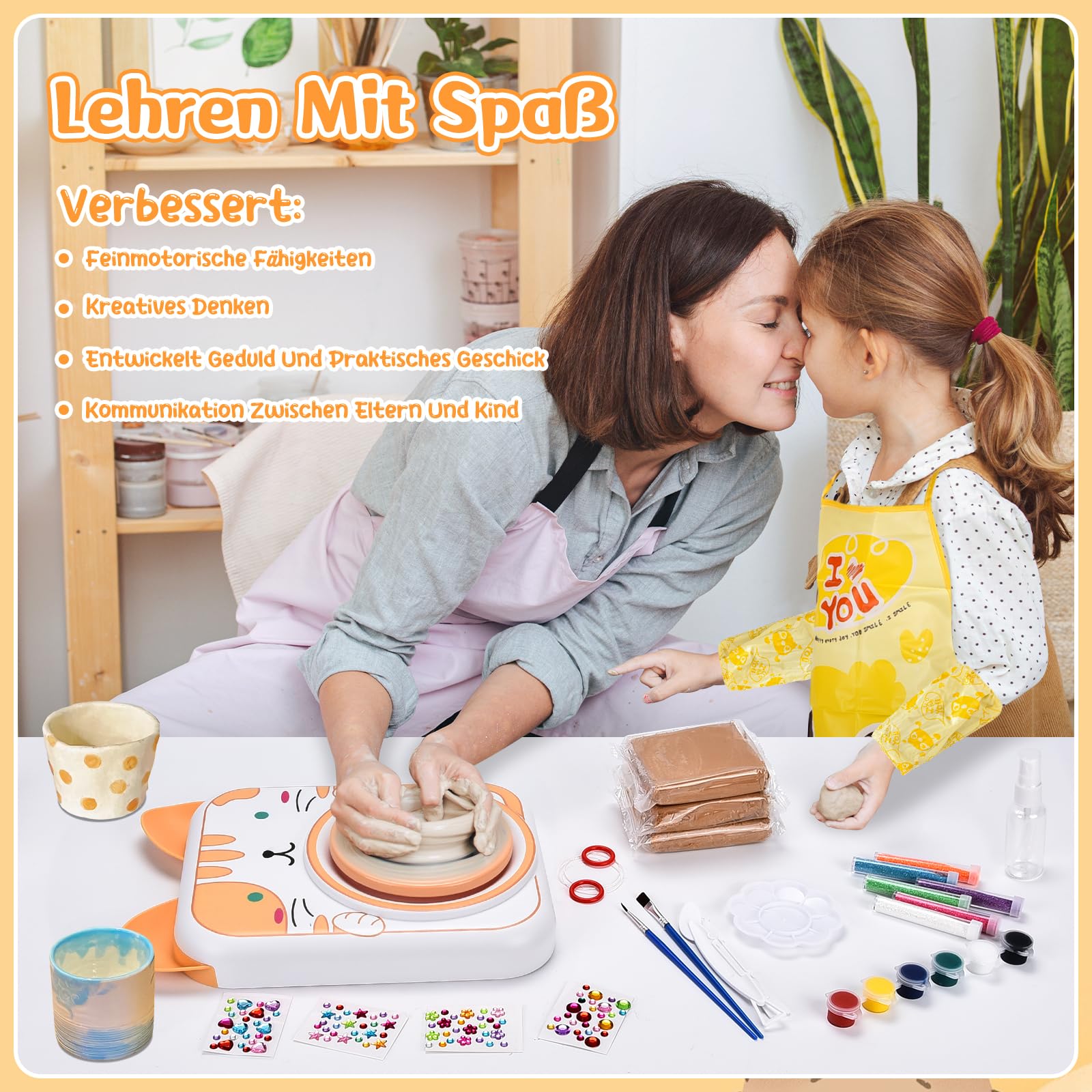 IEEILULU Töpferset für Kinder, Töpferscheibe Elektrisch für Kinder, Mini Töpferscheibe mit Töpferton, Farben, Diamant Aufkleber, Pottery Set DIY Töpfern Bastelset Geschenke Mädchen (Kaninchen)