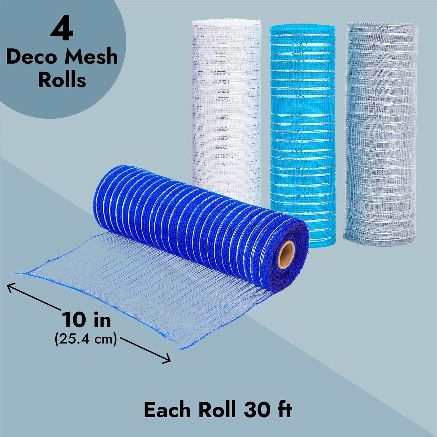 Bright Creations Decorative Mesh Ribbon Rolls - 10 in x 30 ft, 4-Pack, Blue/Silver/White/Royal Blue - Polyburlap Mesh & Metallic Ribbon for Wreath Craft & Deco Wreath Supplies