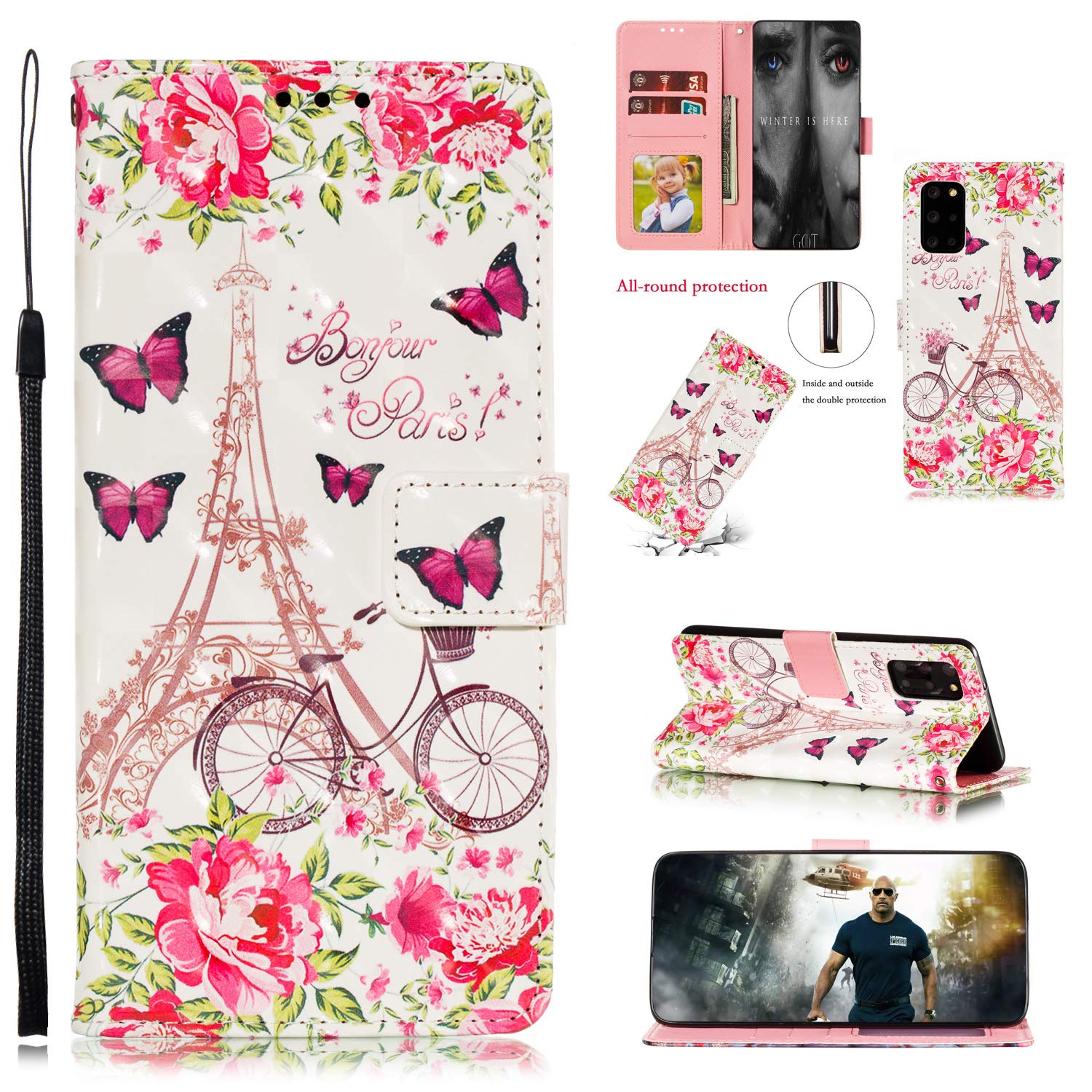 StarCity Samsung Galaxy S20 Case, [Kickstand Feature] 3D PU Leather Flip Folio Wallet Case with Card Slots/Wrist Strap for Samsung Galaxy S20 5G 6.2" (Paris Butterfly)