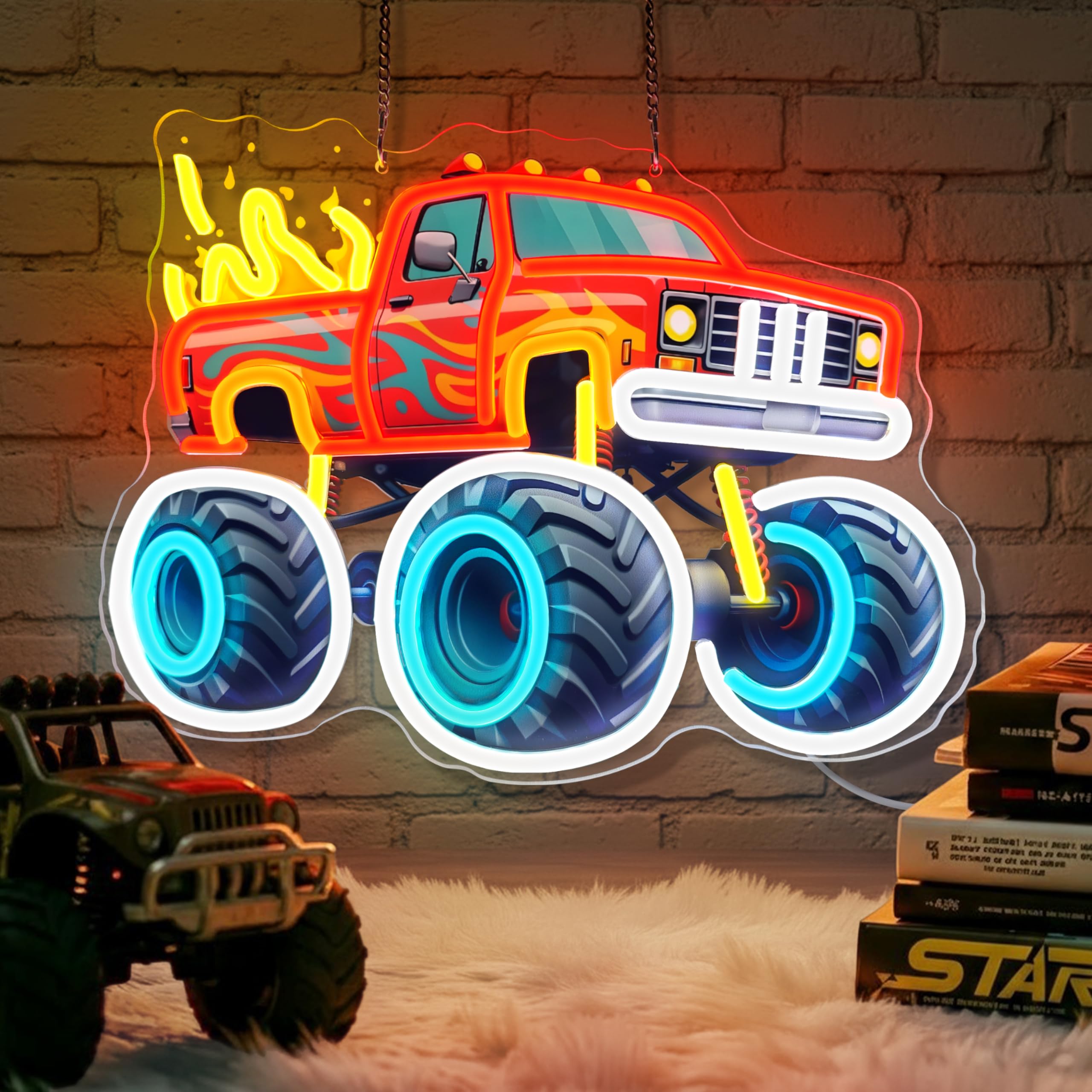 Photo 1 of Monster Truck Neon Signs for Wall Decor, Red Car Neon Sign, Dimmable Acrylic Neon Lights for Living Room Bedroom Game Room Garage Man Cave Car Club Party Decorations Gift