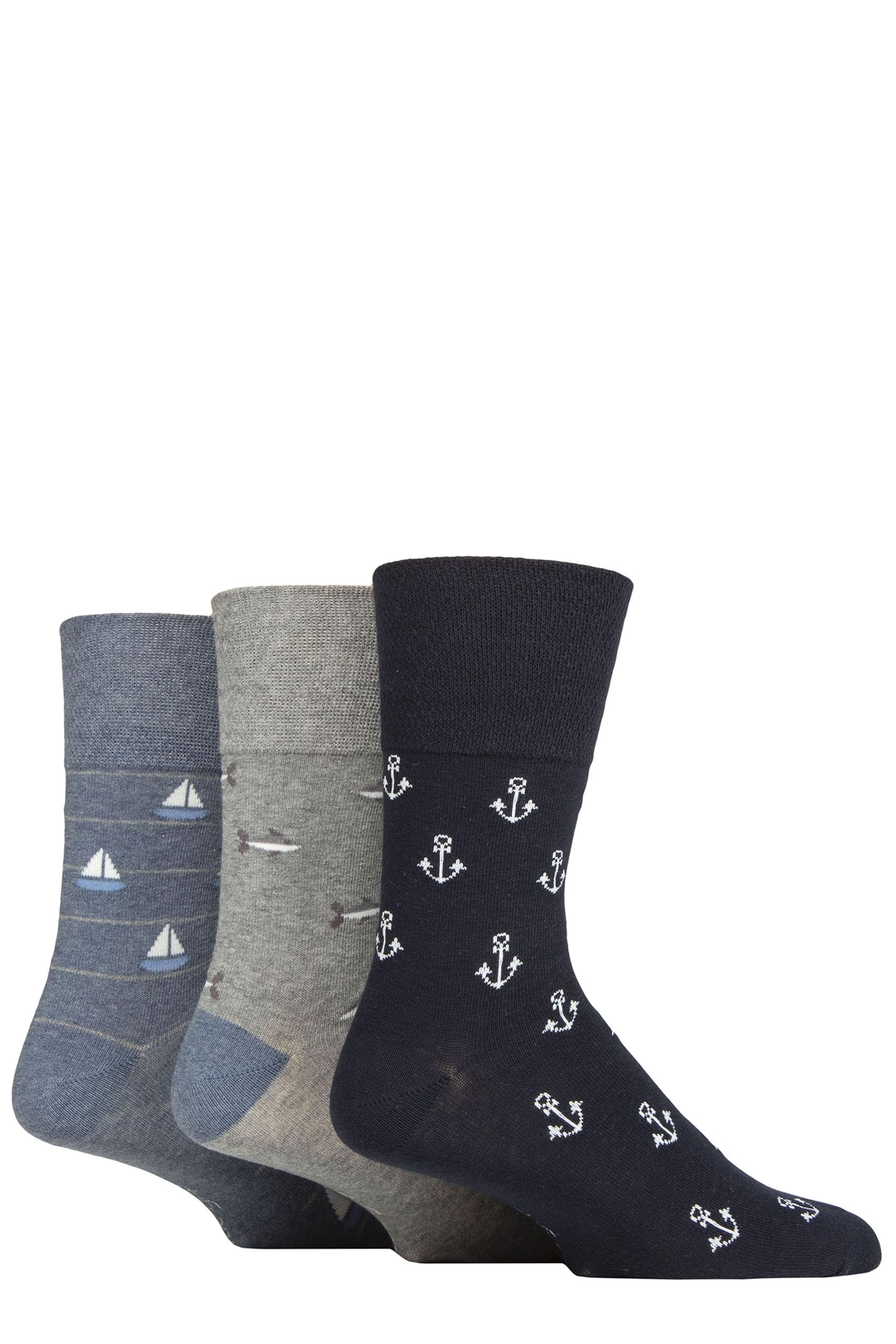 SockShop Gentle Grip Mens Socks - Soft Cotton, Holiday Themed Pattern, Non-Binding Honeycomb Gentle Top, 3 Pair Multipack Size 6-11 Anchor/Boat/Shark