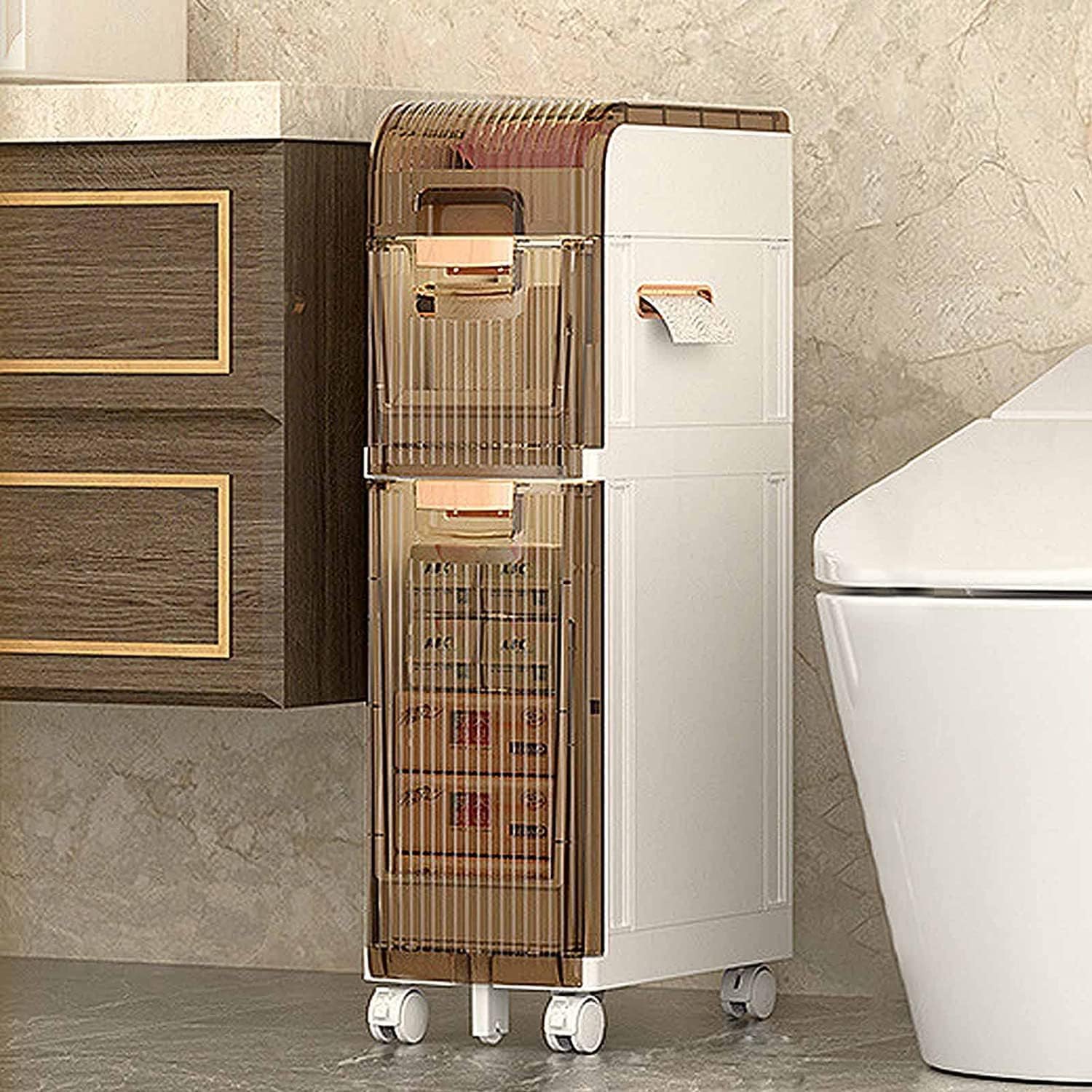 Pequeño armario de almacenamiento Estrecho para baño con cajones transparentes, organizador multifuncional de toallas y juguetes, caja con estante independiente Estrecho