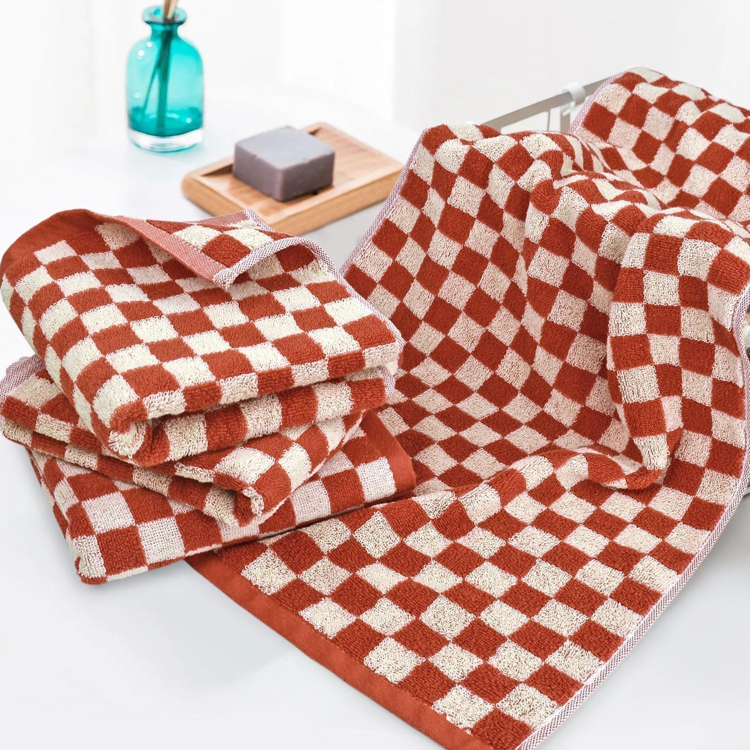 Jacquotha Checkered Hand Towels (13x29 Inches) - Kitchen Hand Towels Pack of 4, Absorbent Cotton Rags for Bathroom Face Gym Pool Swim