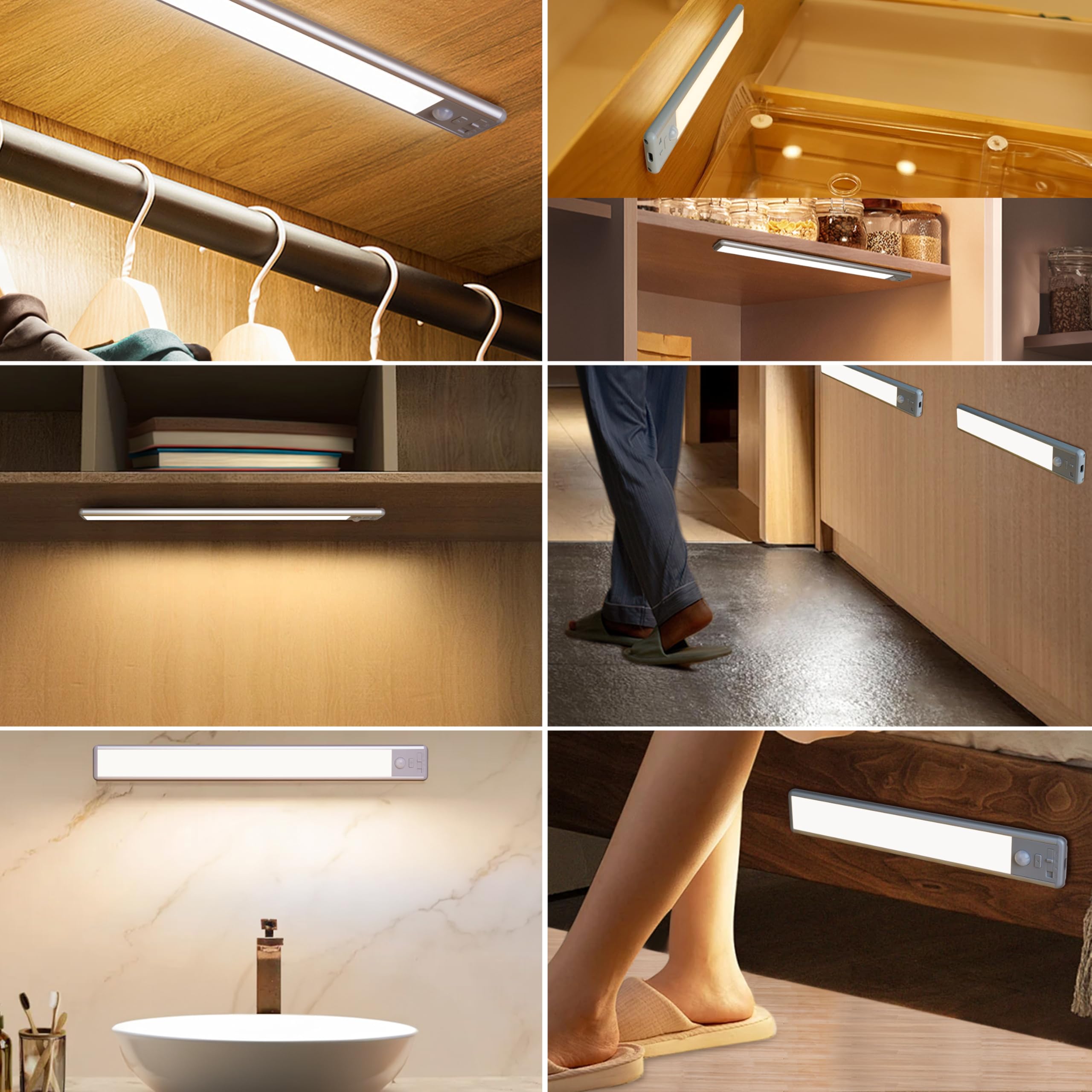 Reoshine 63 LED-Schrankleuchten mit Bewegungssensor, 2500 mAh wiederaufladbare Unterschrankbeleuchtung, dimmbare und magnetische Lichtleiste für Küchenschränke, Flure (2 Stück)